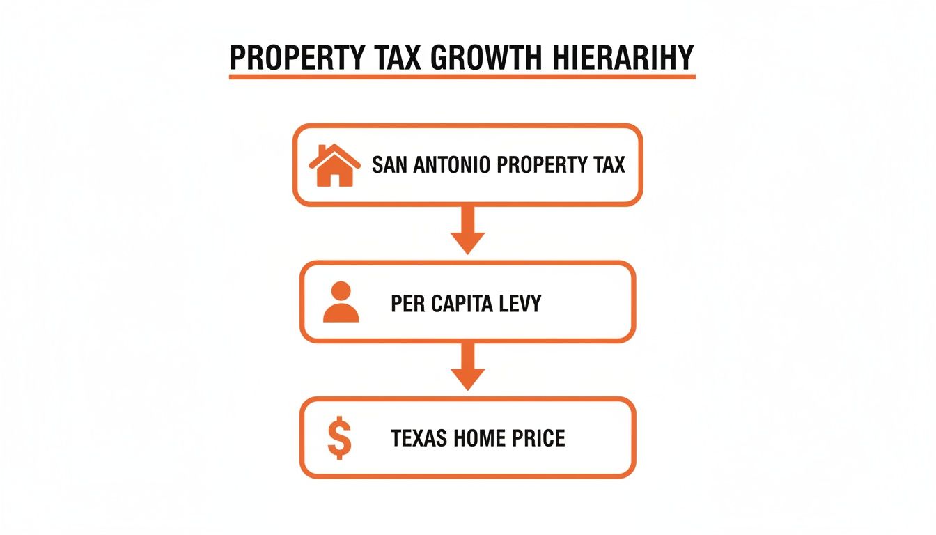 Flowchart illustrating the property tax growth hierarchy in San Antonio, linking to per capita levy and Texas home price.