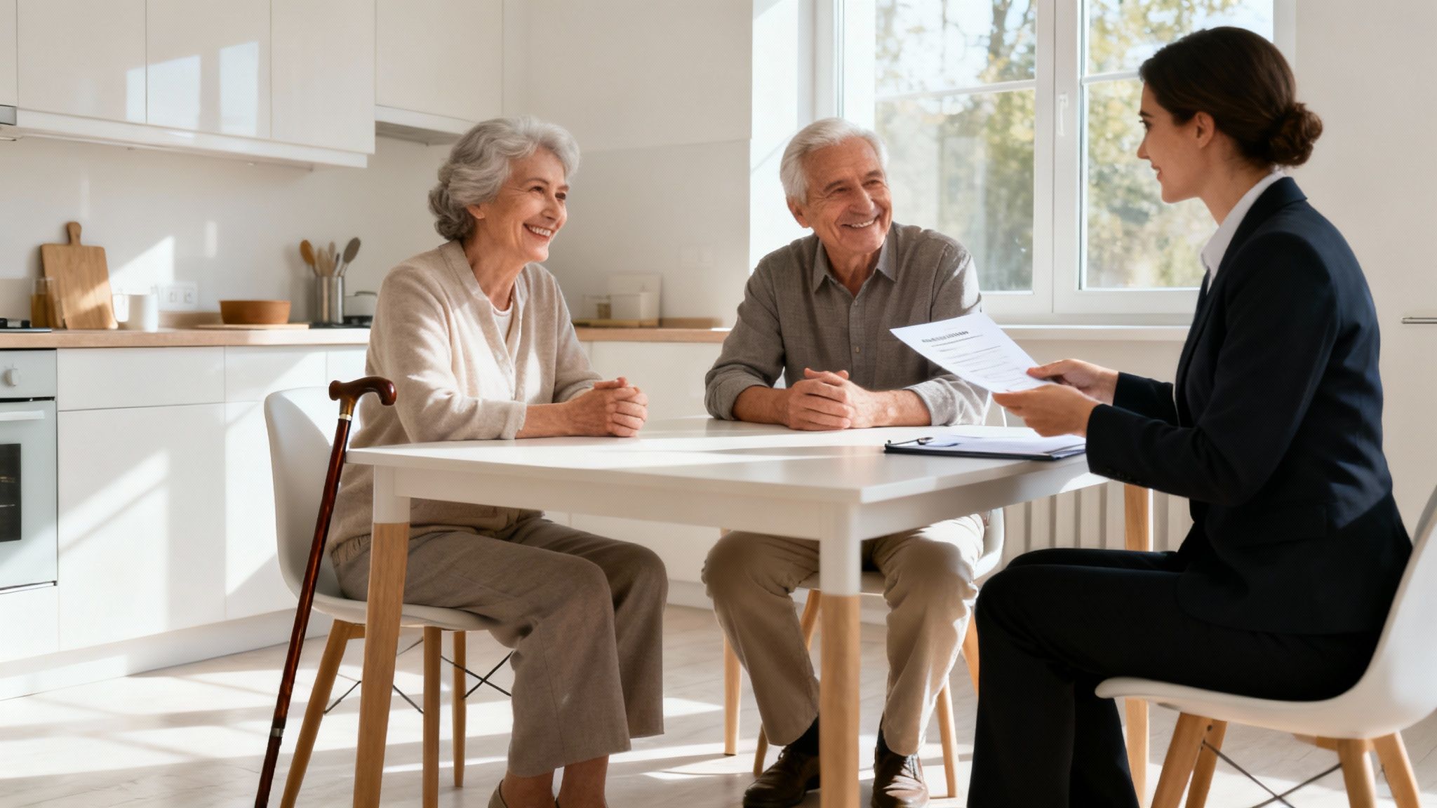 A financial advisor discusses documents with a smiling elderly couple at their kitchen table.