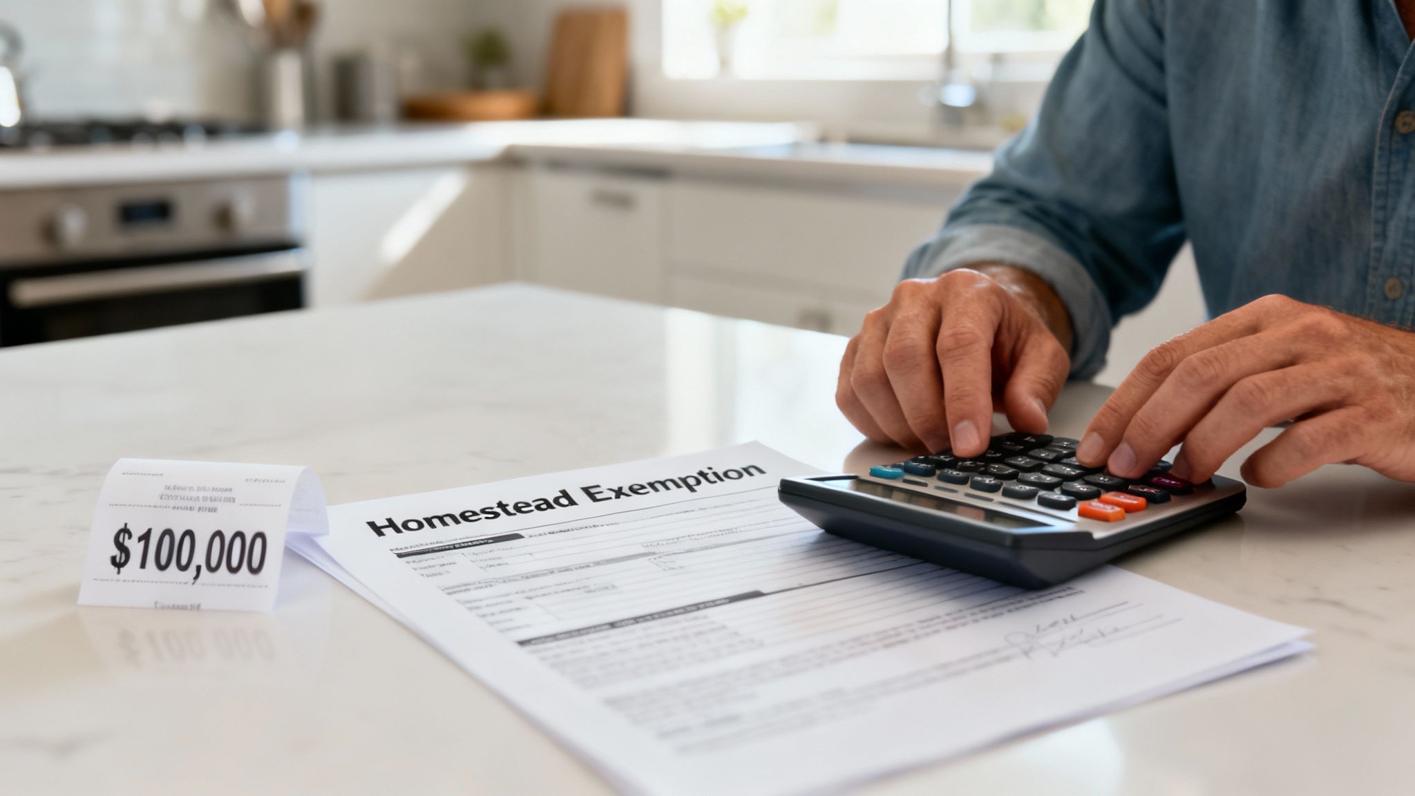 Hands using a calculator next to a homestead exemption form and a receipt with $100,000 on a kitchen counter.
