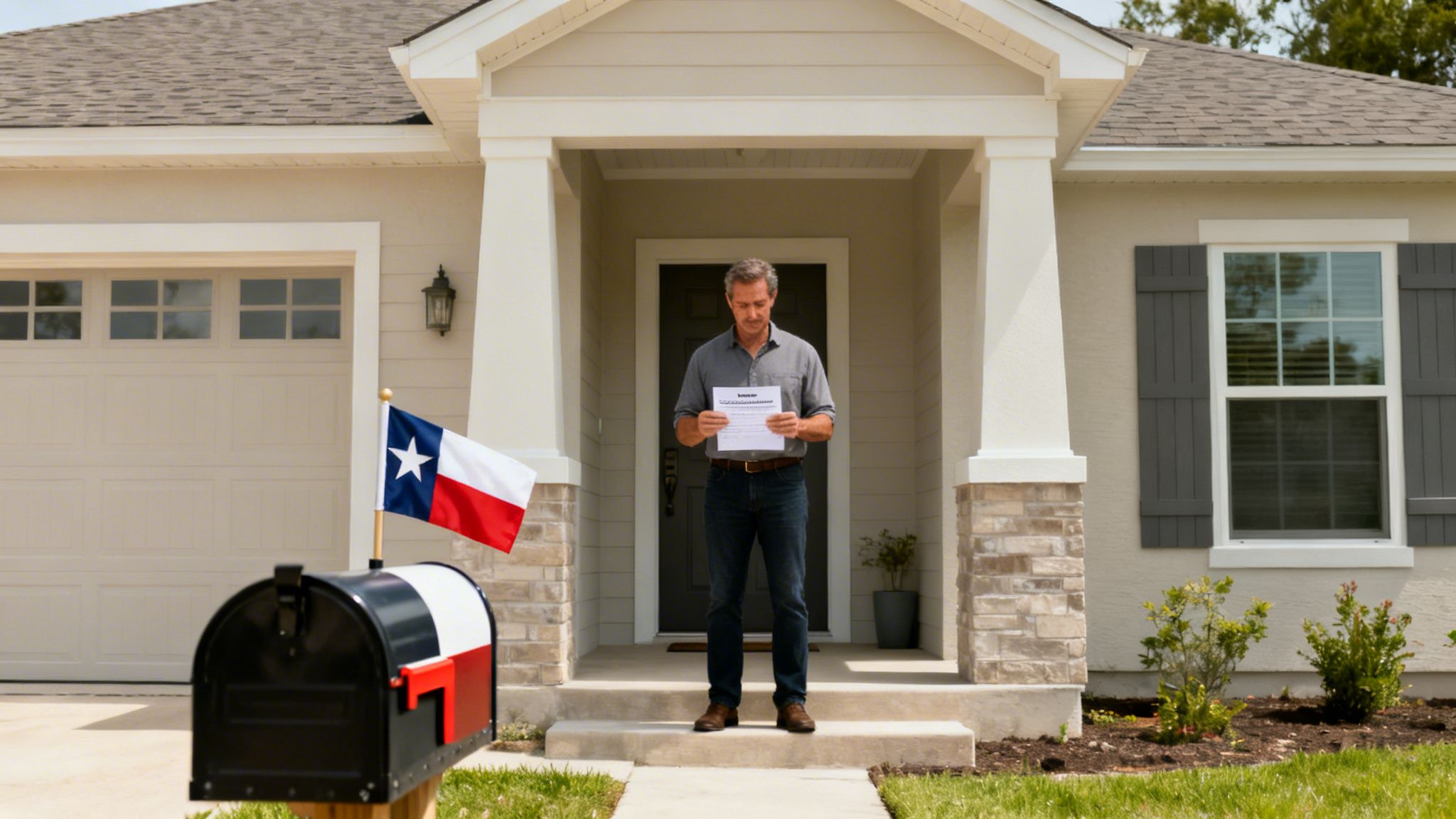 Man on a porch reads a document, with a Texas flag and mailbox in the foreground.
