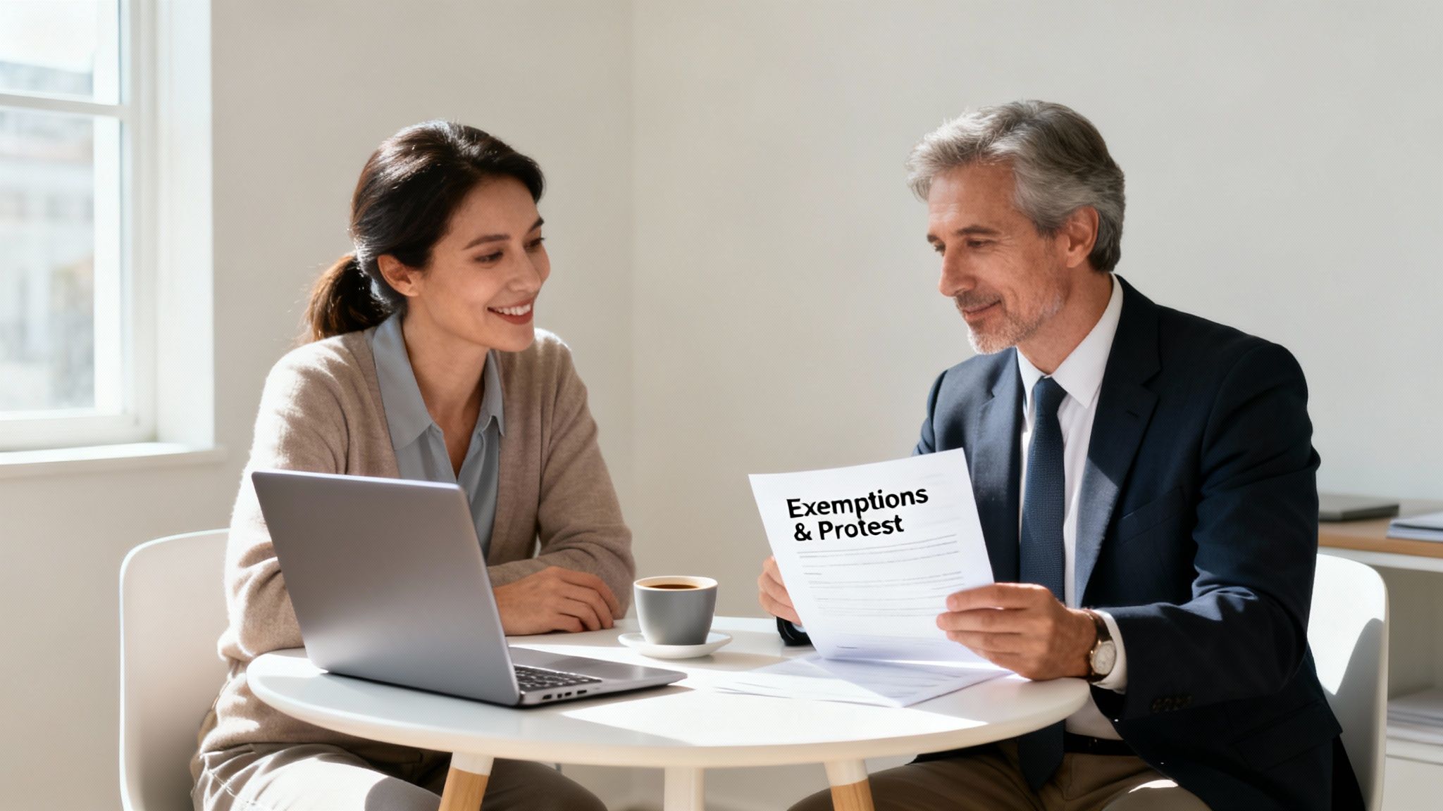 Two professionals discuss a document titled "Exemptions & Protest" with a laptop and coffee on a table.
