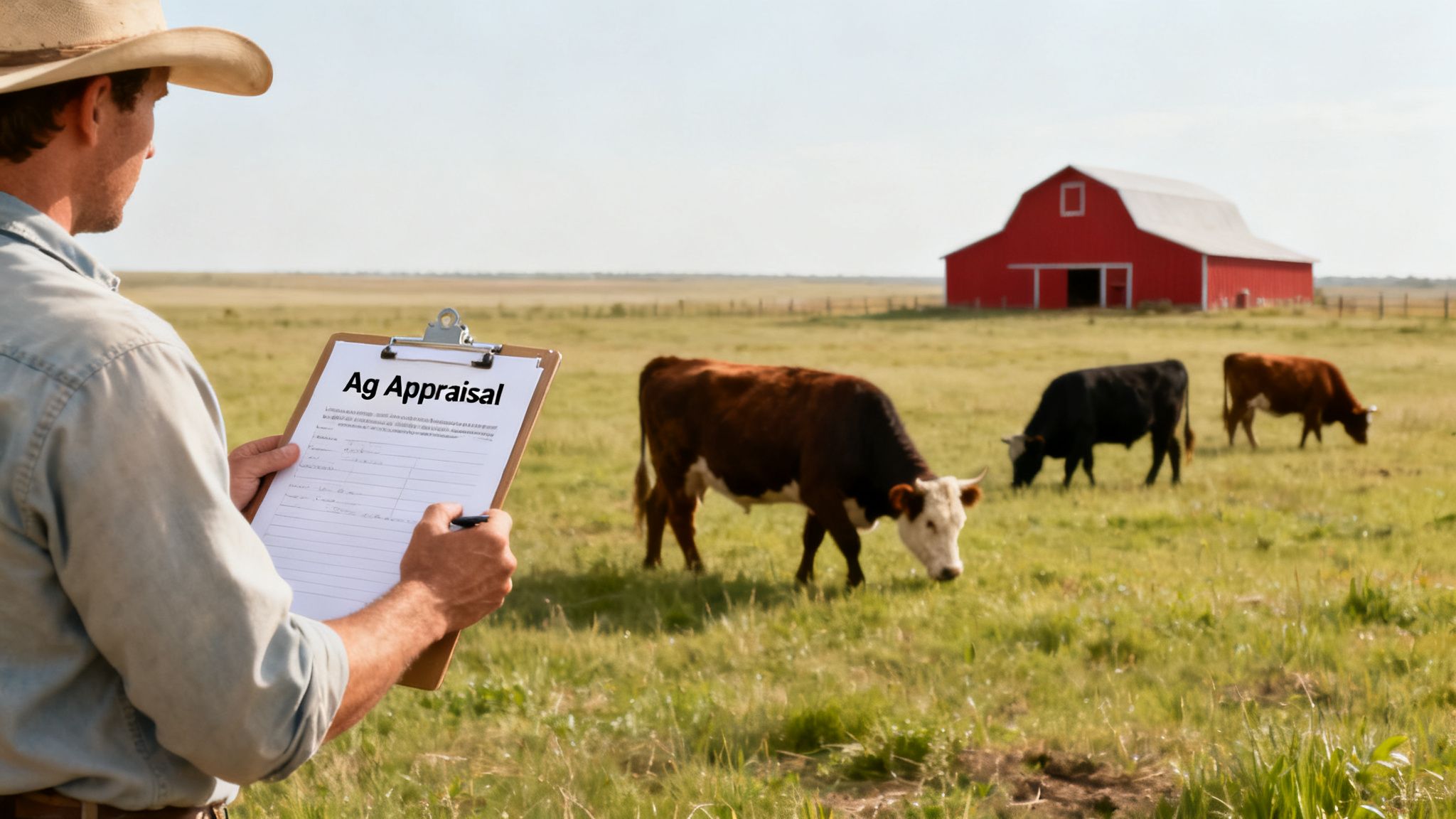 Man appraises a farm, holding an 'Ag Appraisal' clipboard in a field with cows and a red barn.