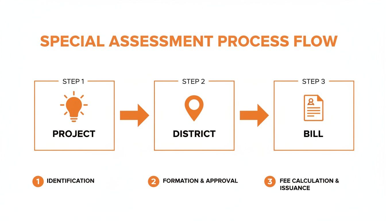 A flowchart illustrating the special assessment process flow in three steps: project, district, and bill.