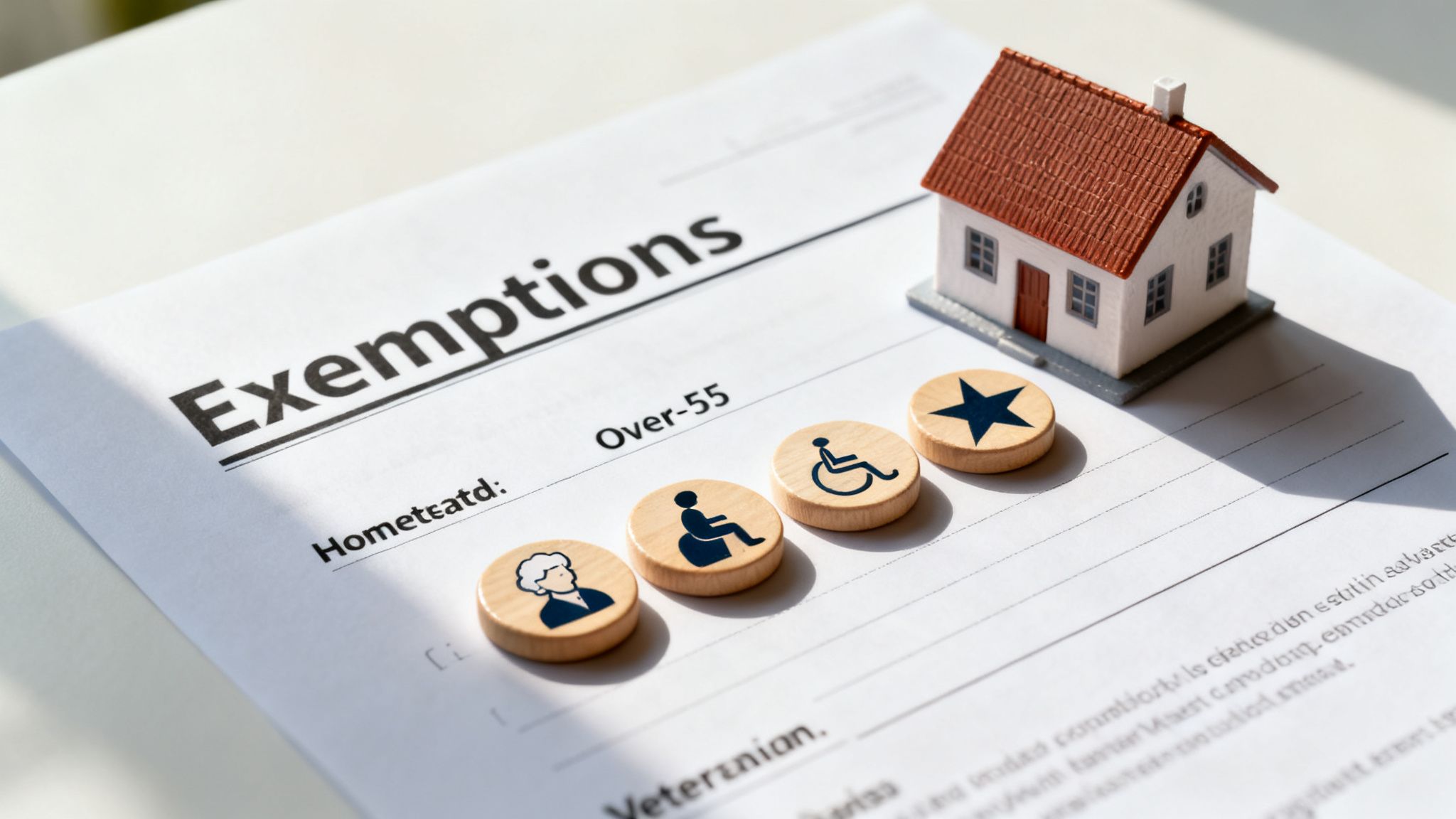 A document about property tax exemptions with a miniature house and icons for seniors, disabled, and veterans.