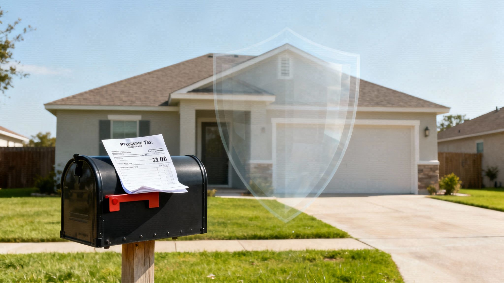 A mailbox with a property tax bill in front of a house, overlaid with a protective shield icon.