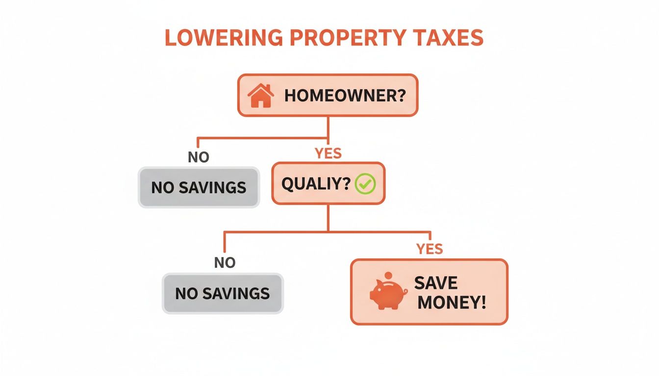 Flowchart demonstrating steps to potentially lower property taxes based on homeowner status and qualification.