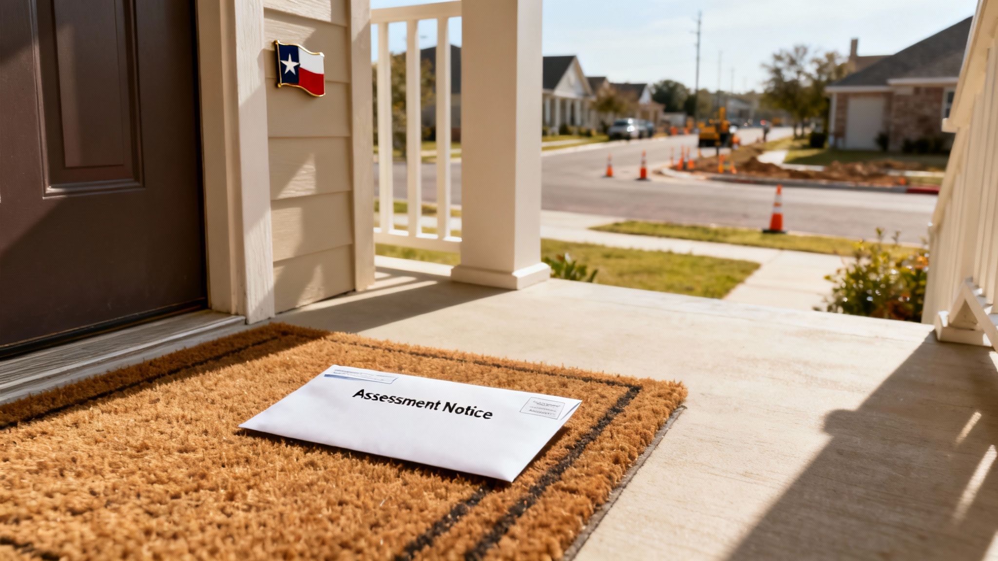 An "Assessment Notice" envelope lies on a doormat in front of a house with a Texas flag.