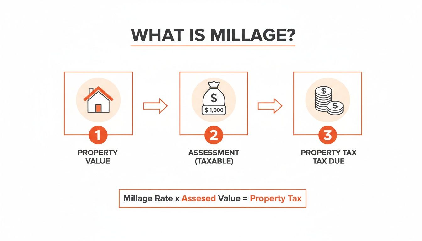 Infographic explaining millage and how property value leads to assessment and property tax due, with a formula.