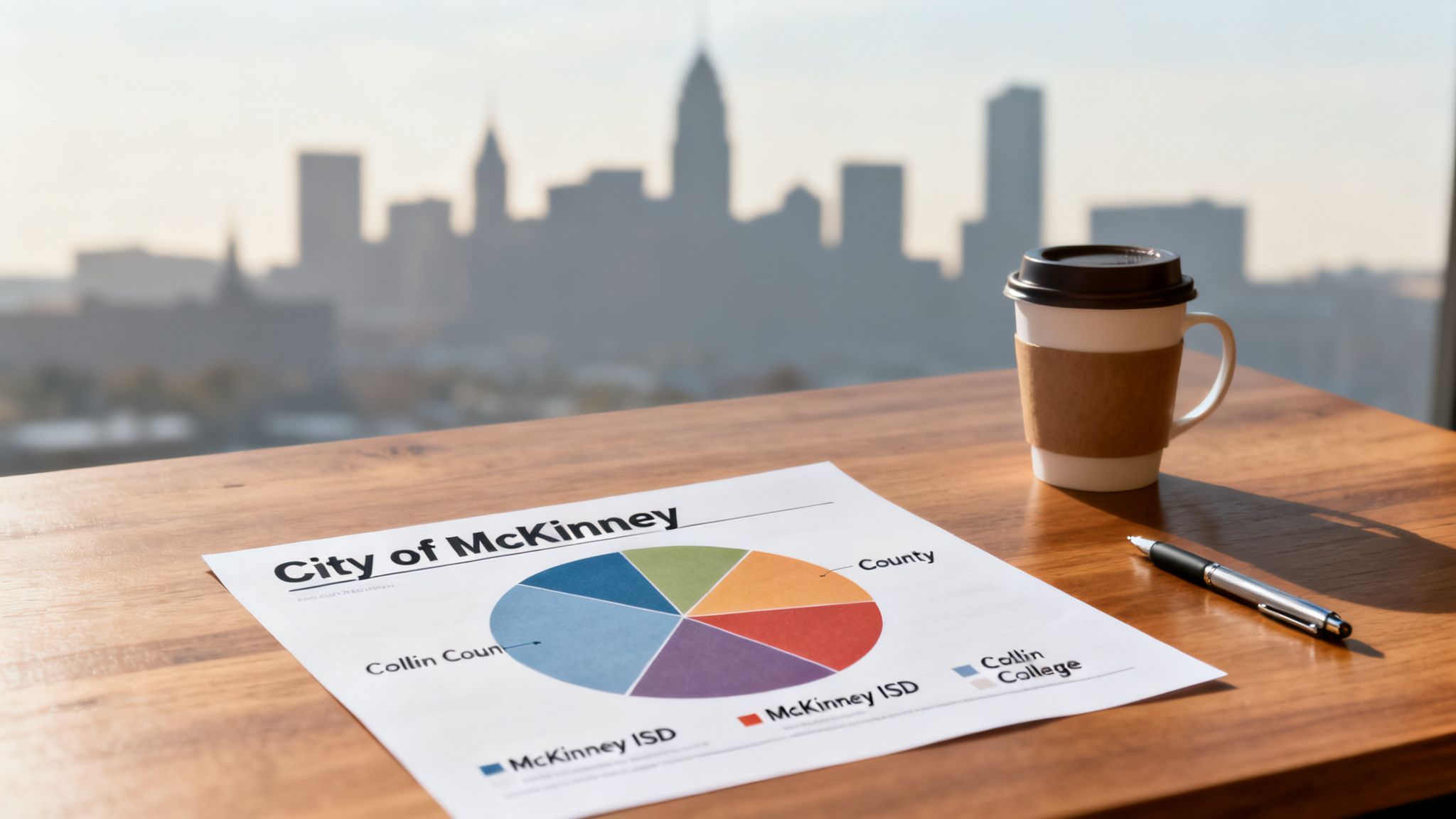 A pie chart about "City of McKinney" finances, with coffee and a pen, overlooking a city skyline.