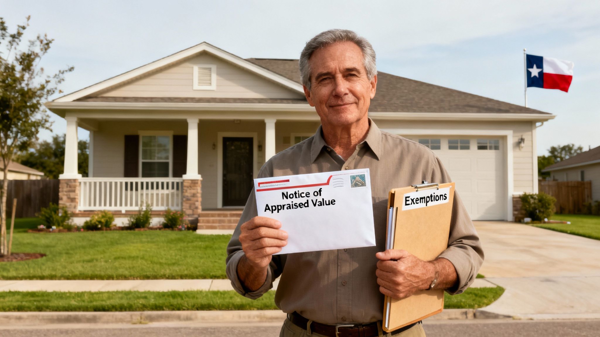 Smiling man holding a property tax appraisal notice and exemptions clipboard in front of a Texas home.