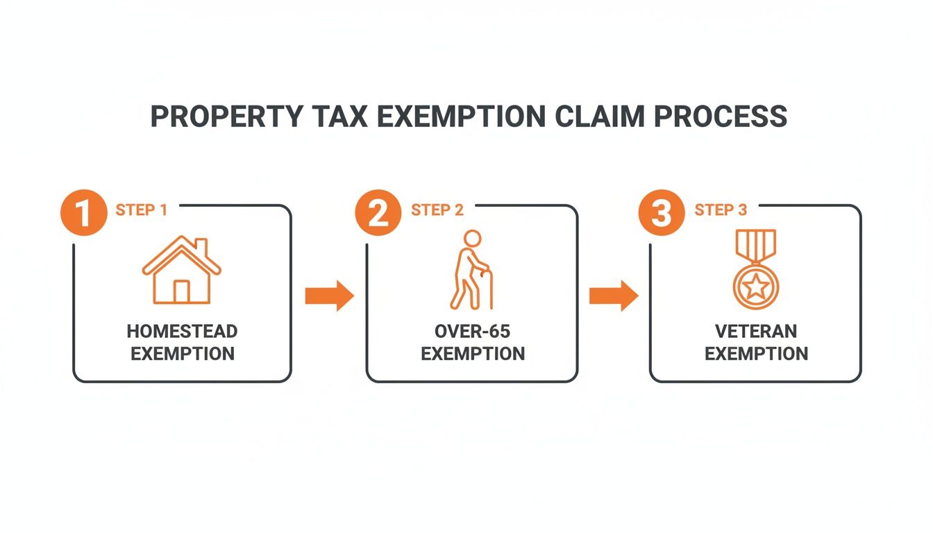 A diagram illustrating the three steps for property tax exemption claims: Homestead, Over-65, and Veteran exemptions.