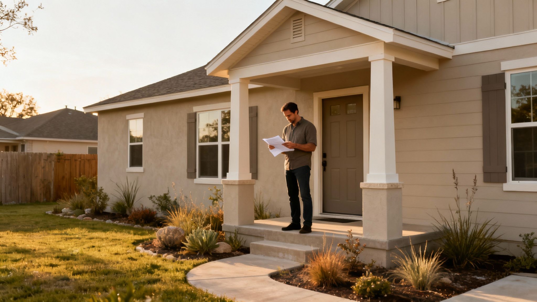 A man stands on a modern house porch, intently reading documents in the golden hour.