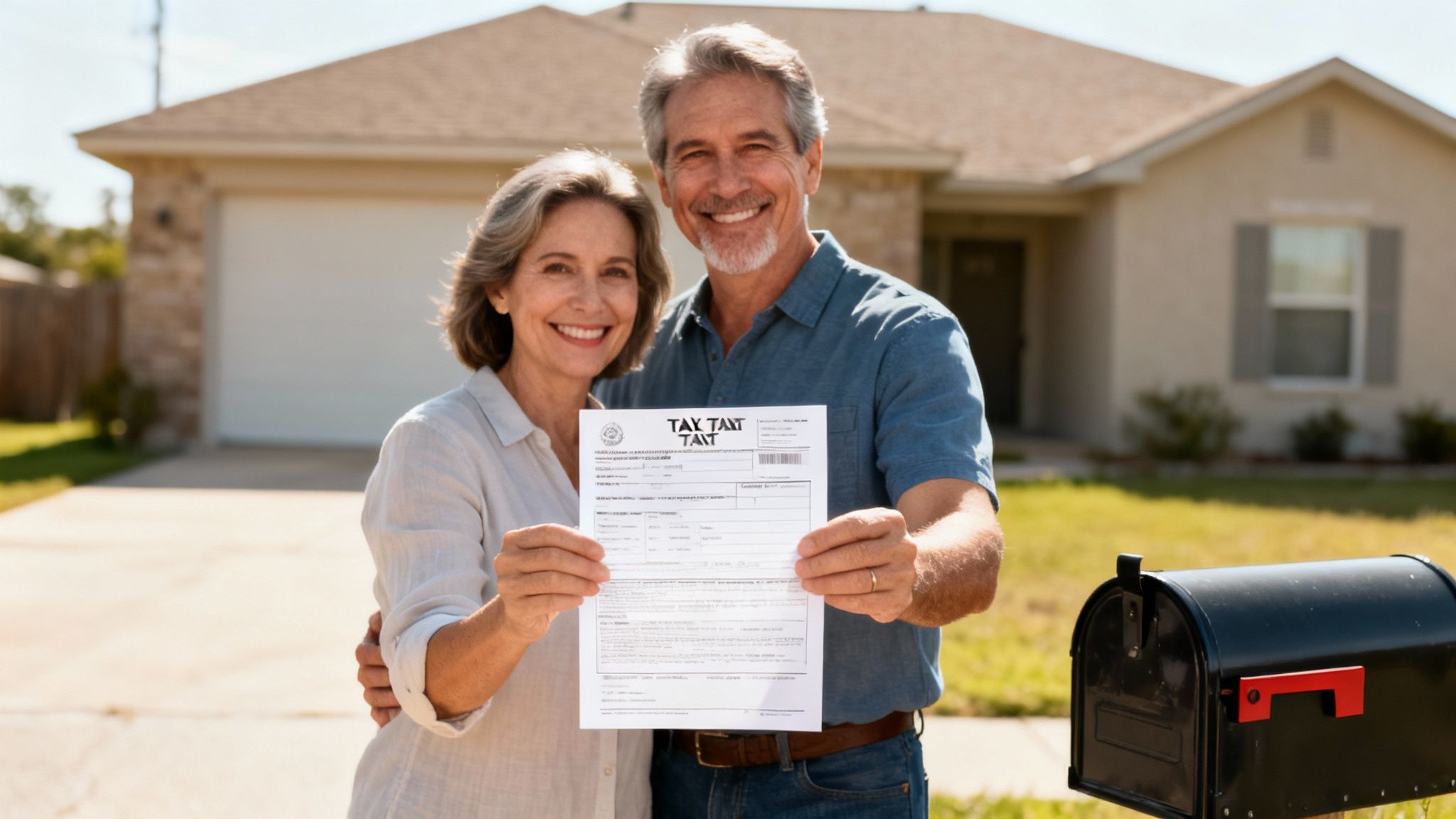 A happy senior couple smiling, holding a tax document in front of their home.