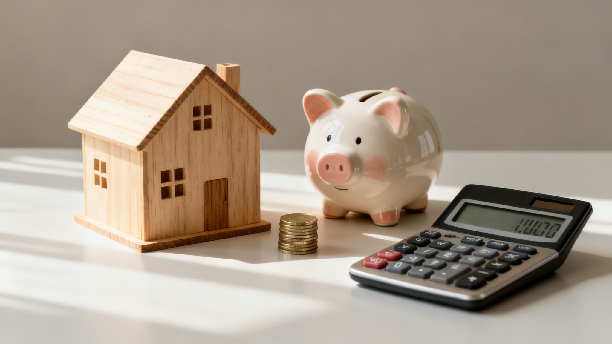 Financial planning for home ownership with a wooden house, piggy bank, coins, and calculator.