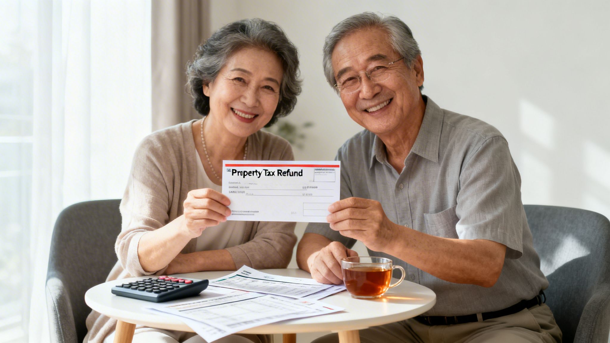 A happy senior Asian couple smiles, holding a property tax refund check at home.