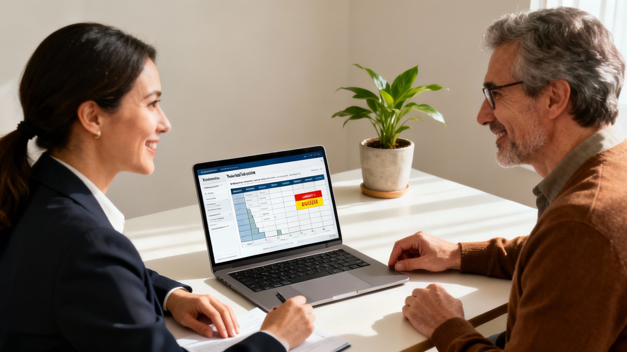 Two smiling professionals discussing data on a laptop, showing charts and graphs, in a bright office.