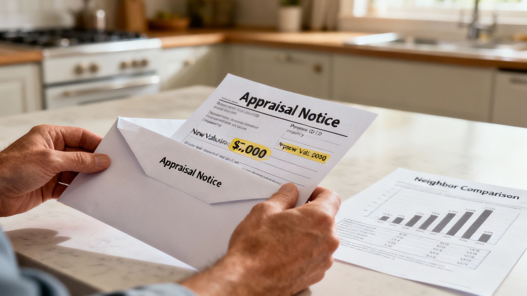 Close-up of hands holding an appraisal notice letter with a highlighted new valuation of $5,000 on a kitchen counter.