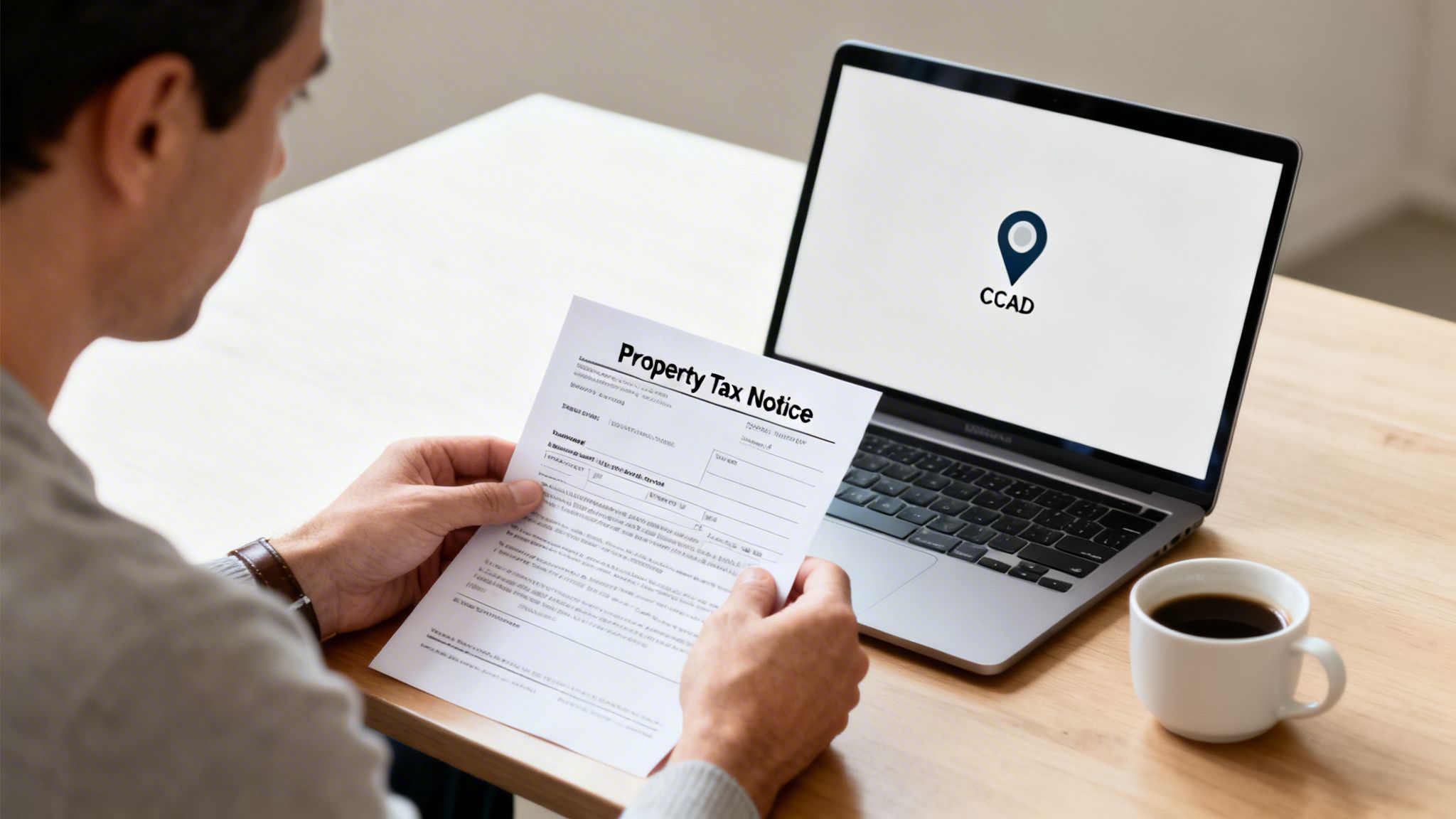 Man reviewing a property tax notice with a laptop displaying CCAD information on a wooden desk.