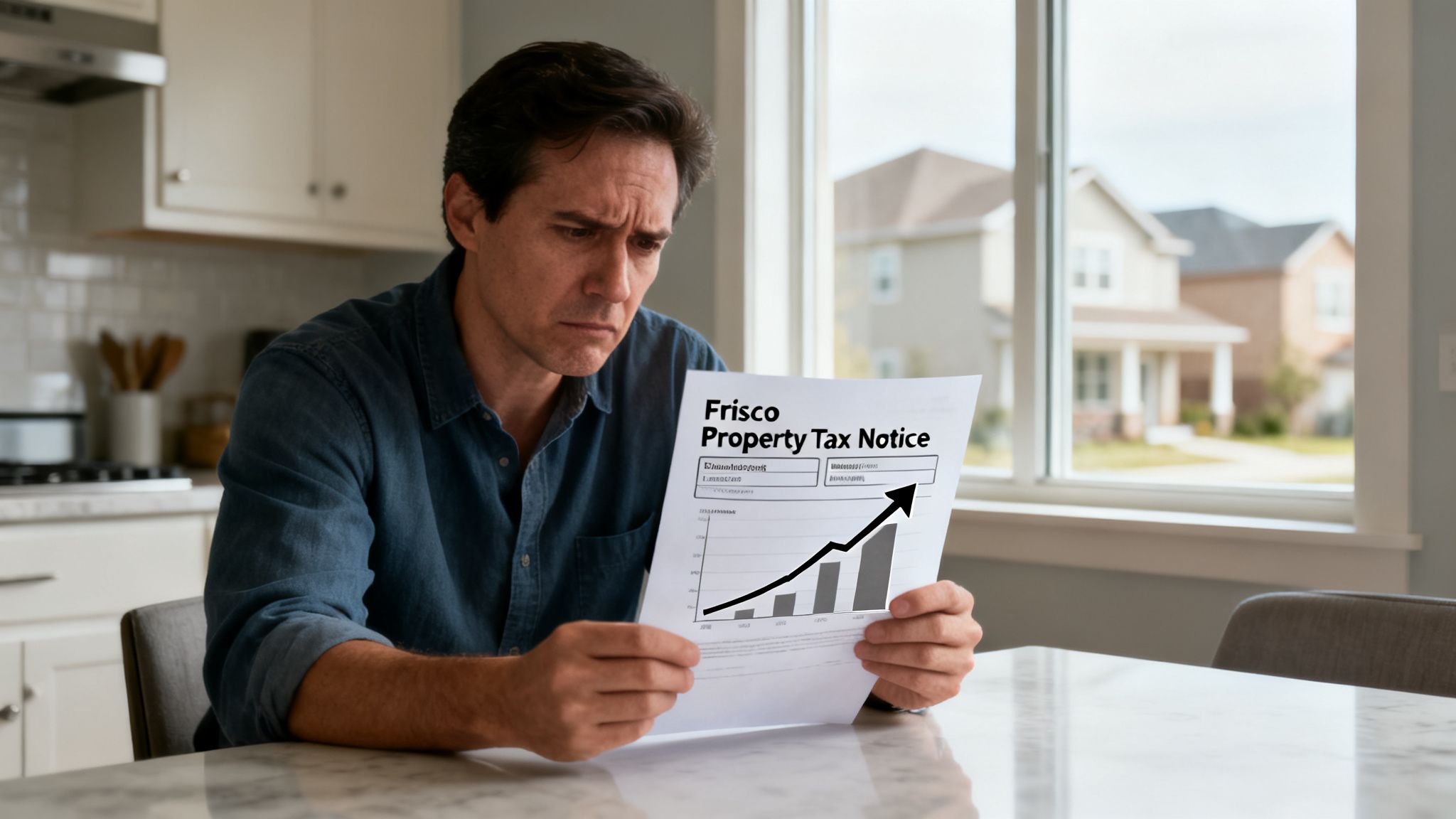 A concerned man reads a Frisco Property Tax Notice showing increasing values, sitting in a kitchen.