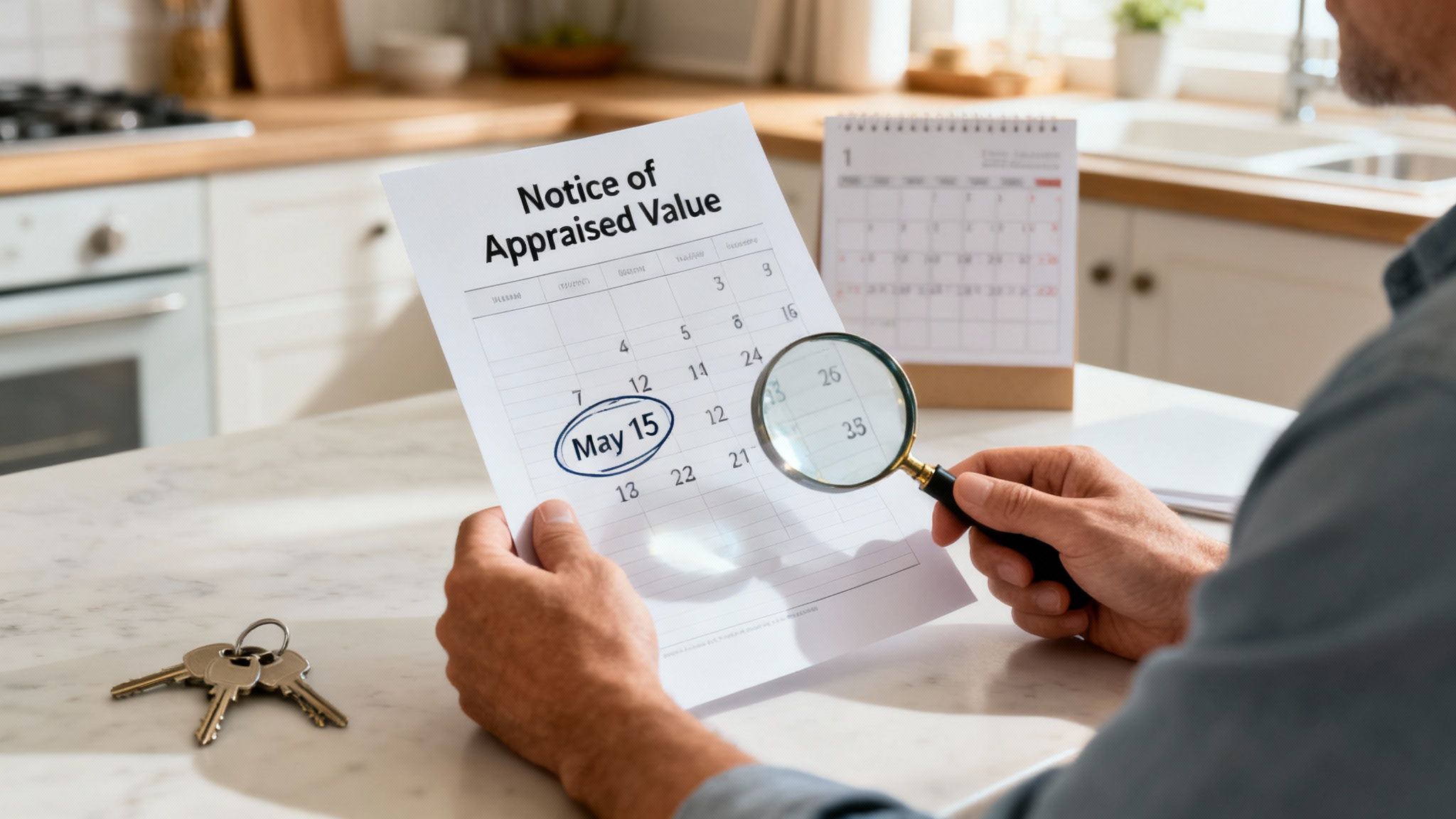 A person examines a 'Notice of Appraised Value' document with a magnifying glass, focusing on May 15.