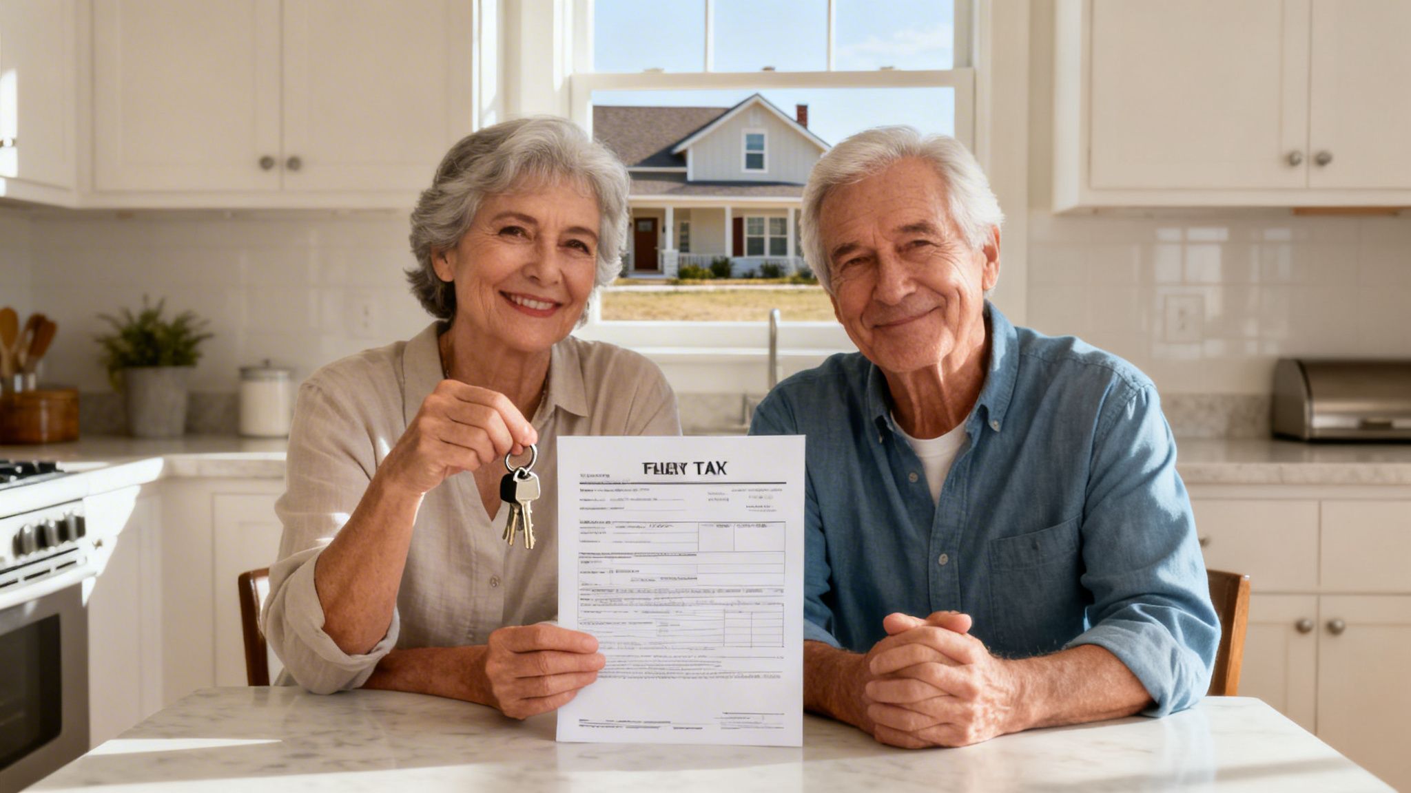 Smiling senior couple holding house keys and a property tax document in their kitchen, with a house in the background.