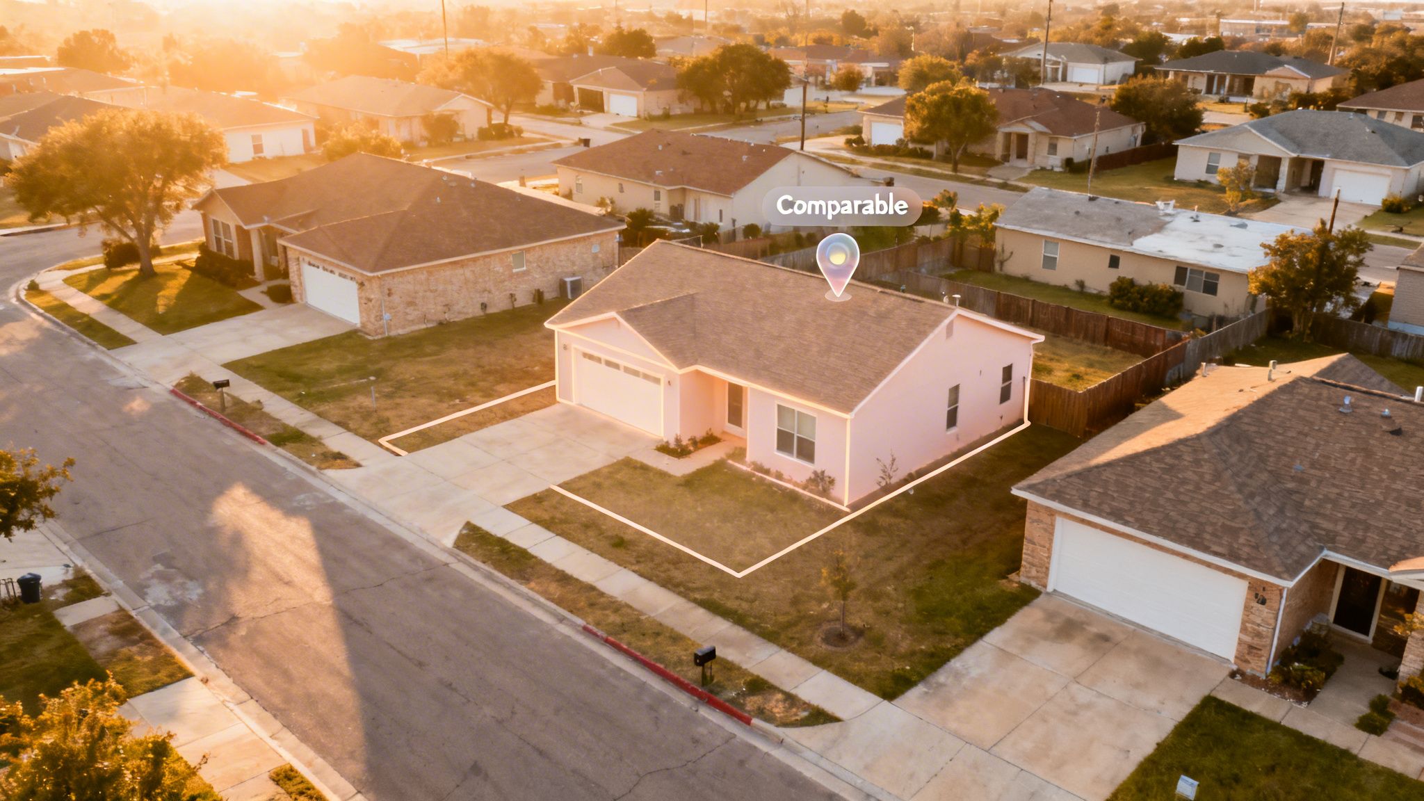 Aerial view of a suburban neighborhood at sunset, highlighting a pink comparable home with a white outline.