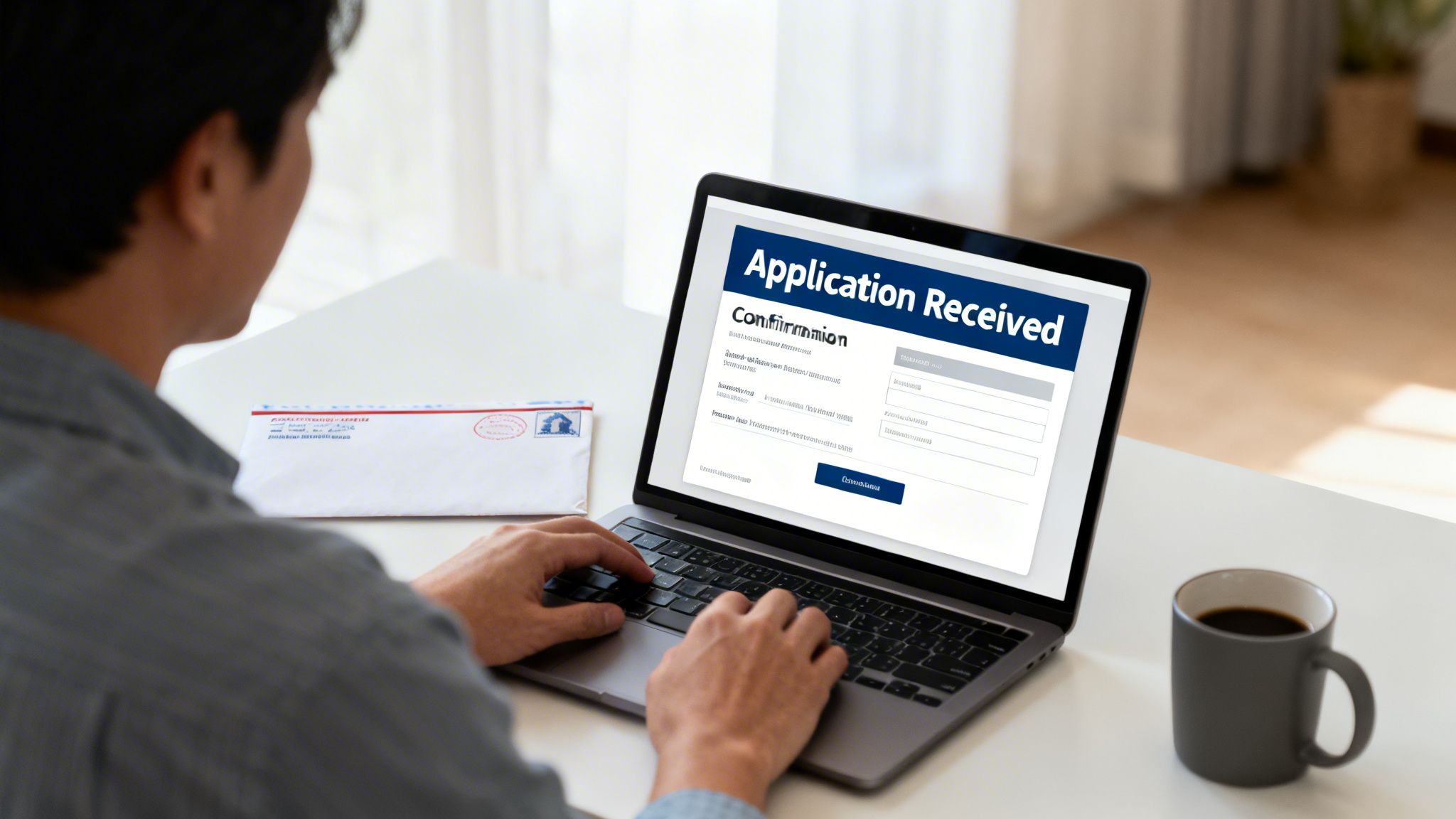 A person views an 'Application Received' confirmation on a laptop, with an envelope and coffee mug on the desk.