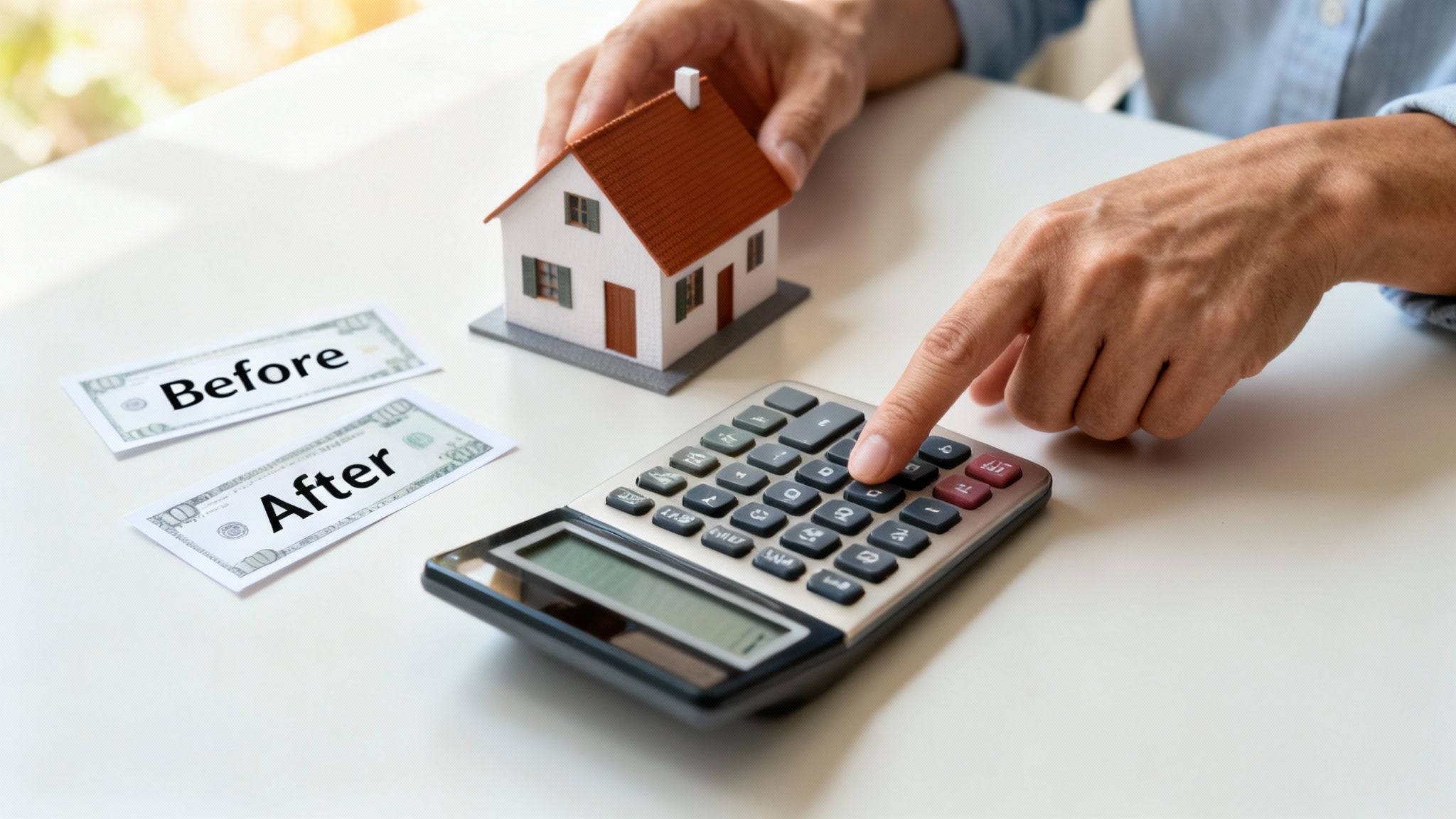 Hands use a calculator next to a model house and 'Before'/'After' money slips.
