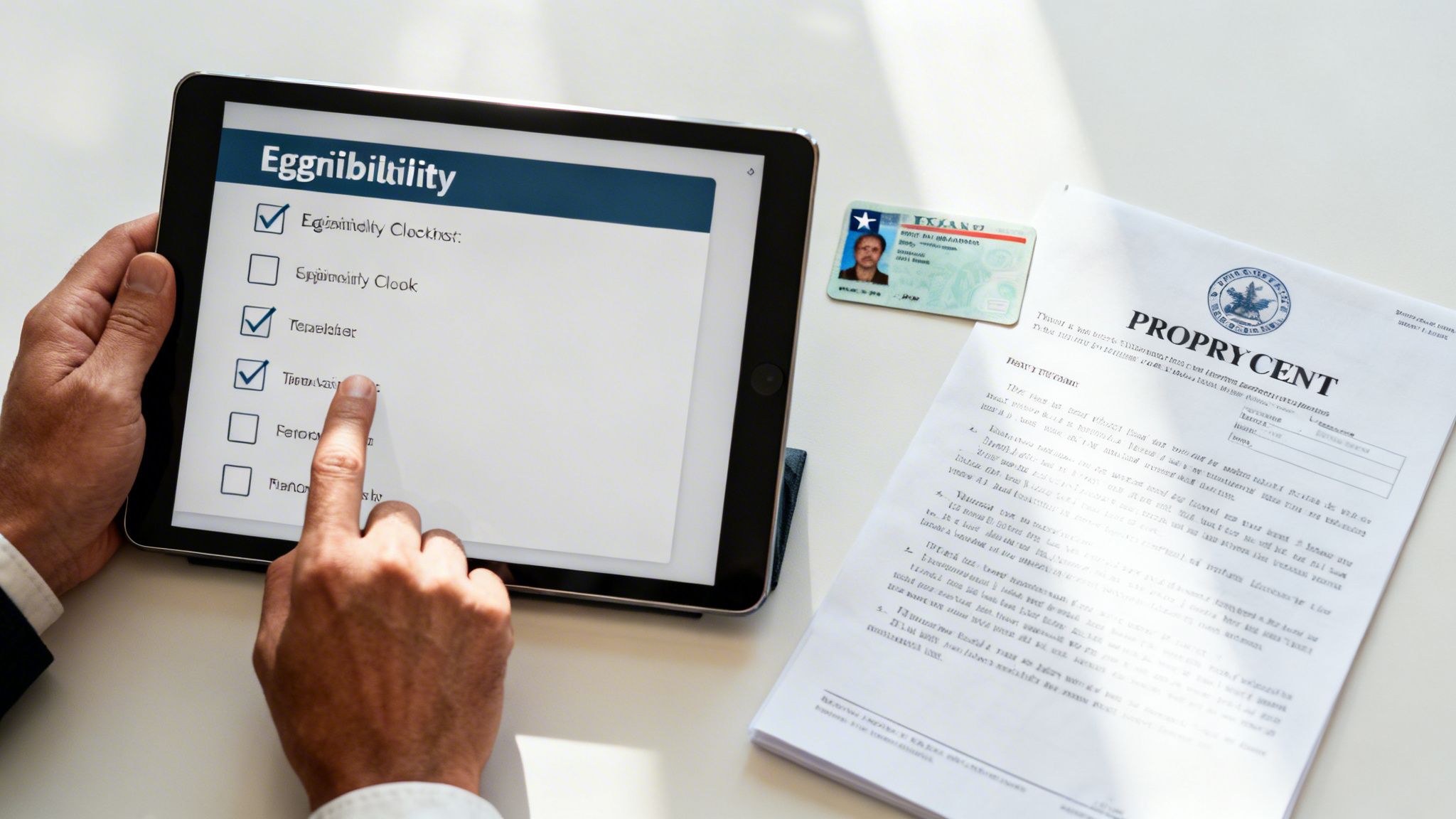 Person uses a tablet to complete a checklist, with an ID card and official document on the desk.