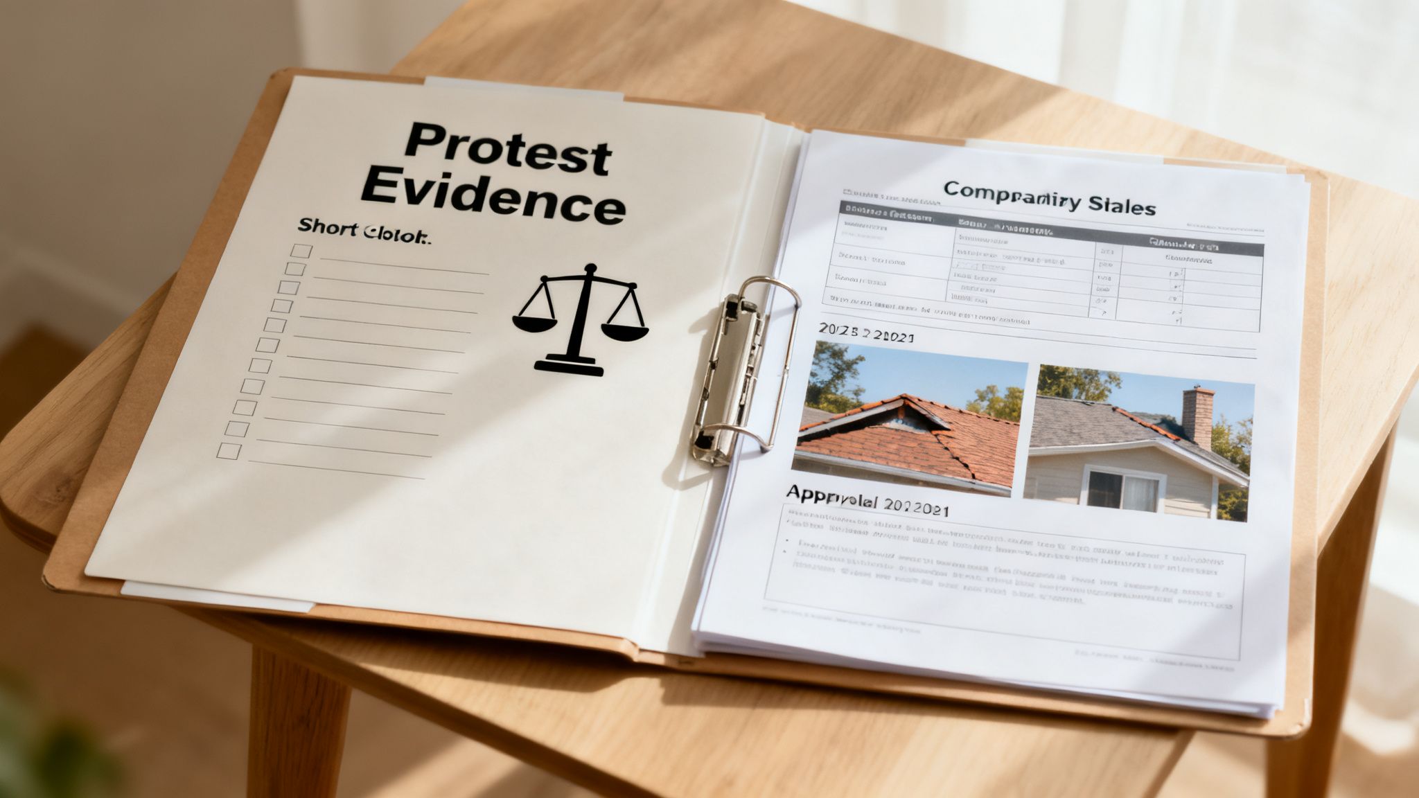 An open binder on a wooden table titled 'Protest Evidence' next to documents on property sales.