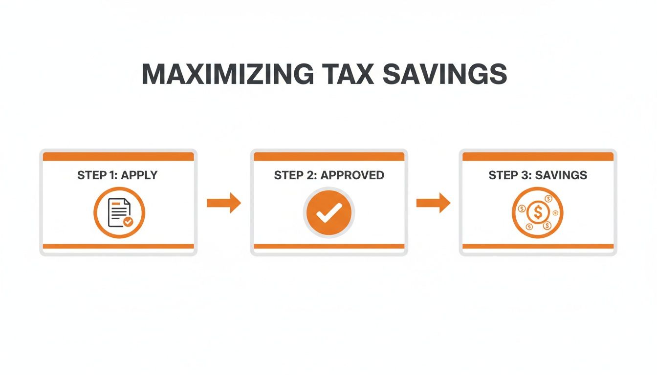 Infographic showing three steps to maximize tax savings: Apply, Approved, and Savings with relevant icons.