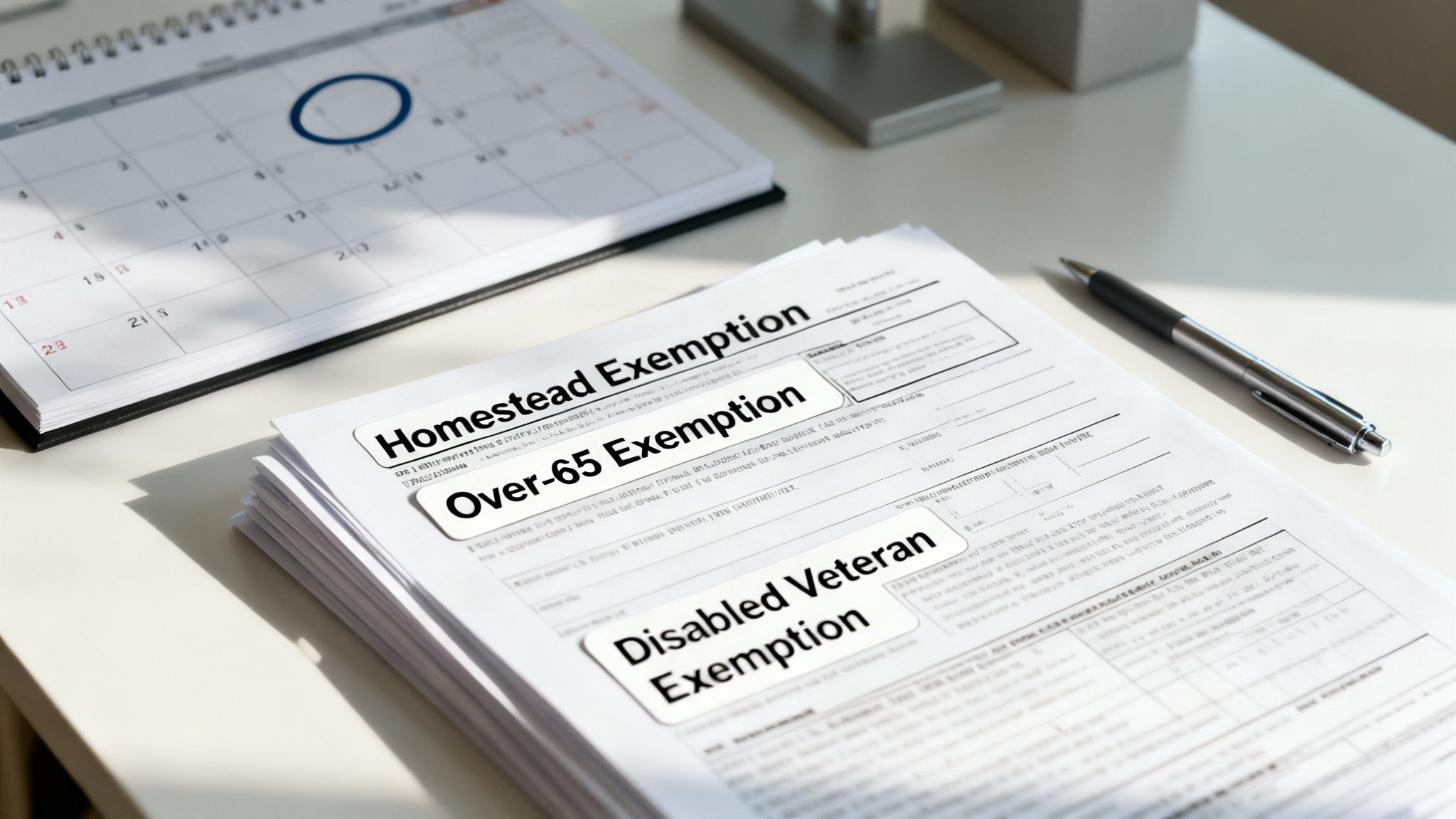 Homestead, Over-65, and Disabled Veteran Exemption forms on a desk with a calendar and pen.