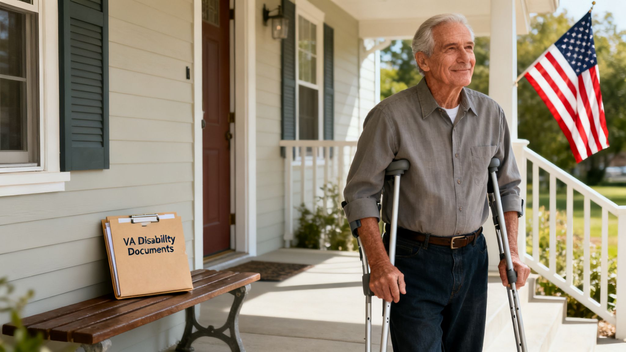 Elderly veteran with crutches on a porch next to VA disability documents and an American flag.