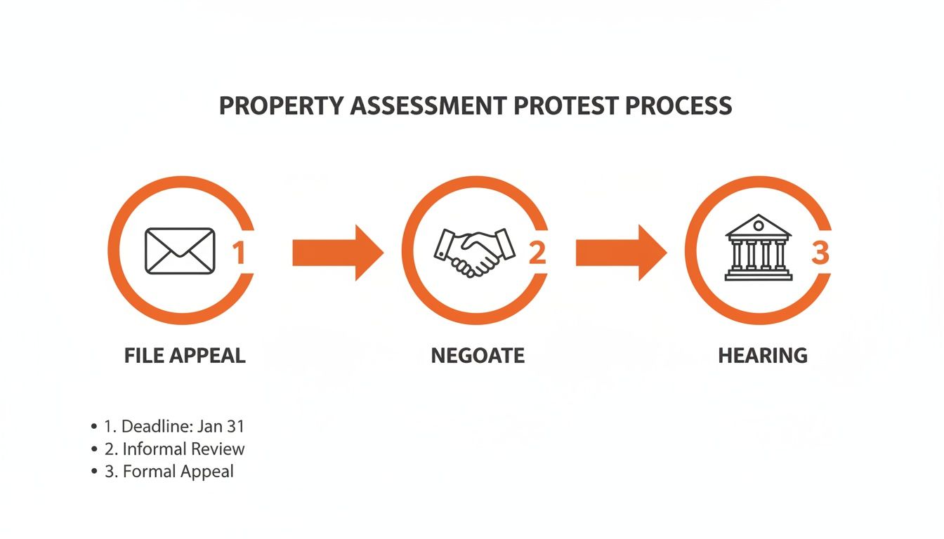 Infographic showing a 3-step property assessment protest process: File Appeal, Negotiate, and Hearing.