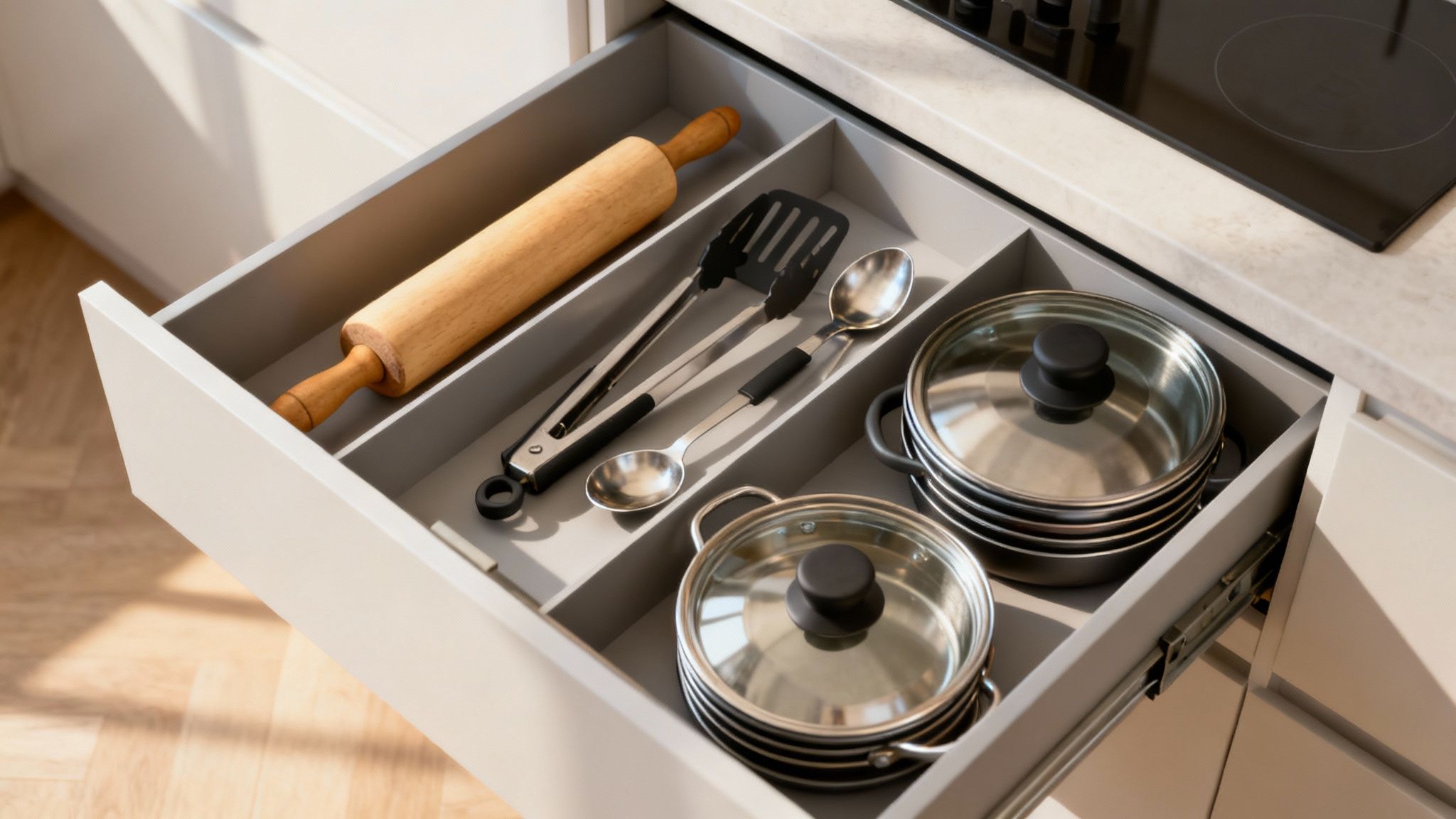 A perfectly organised drawer with diagonal dividers holding long utensils like tongs and rolling pins.