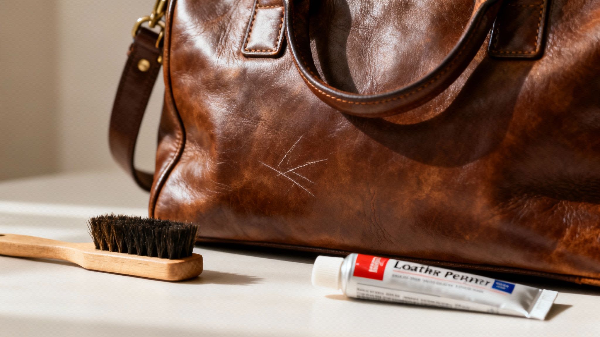 A leather bag showing minor scratches and wear, with care products nearby.