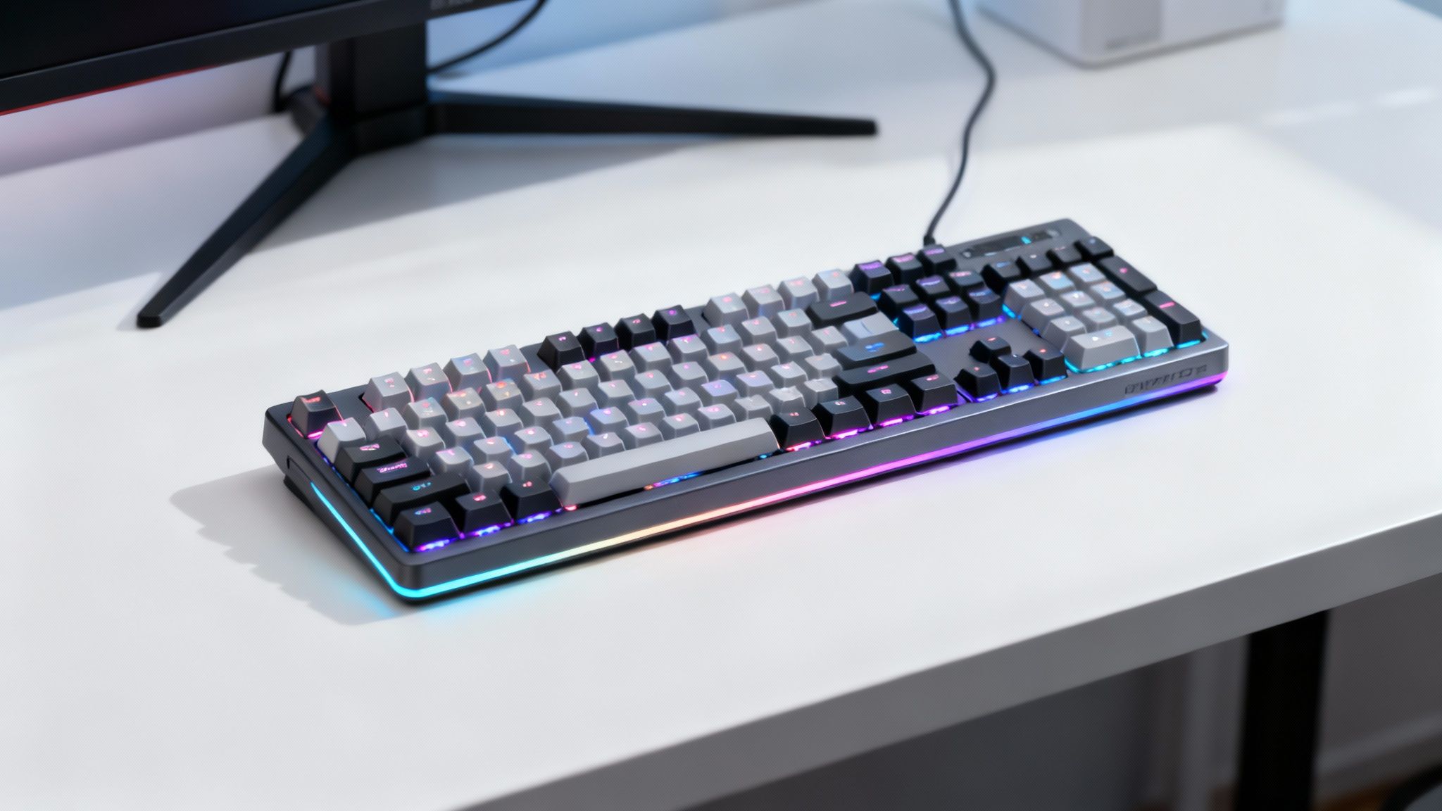 A sleek, modern gaming keyboard with vibrant RGB backlighting on a desk