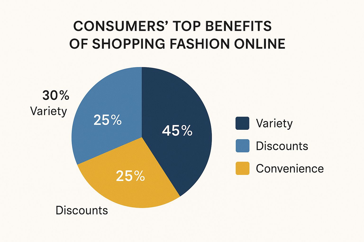 Infographic showing the top three benefits of online fashion shopping for consumers: 45% for Variety, 30% for Discounts, and 25% for Convenience.