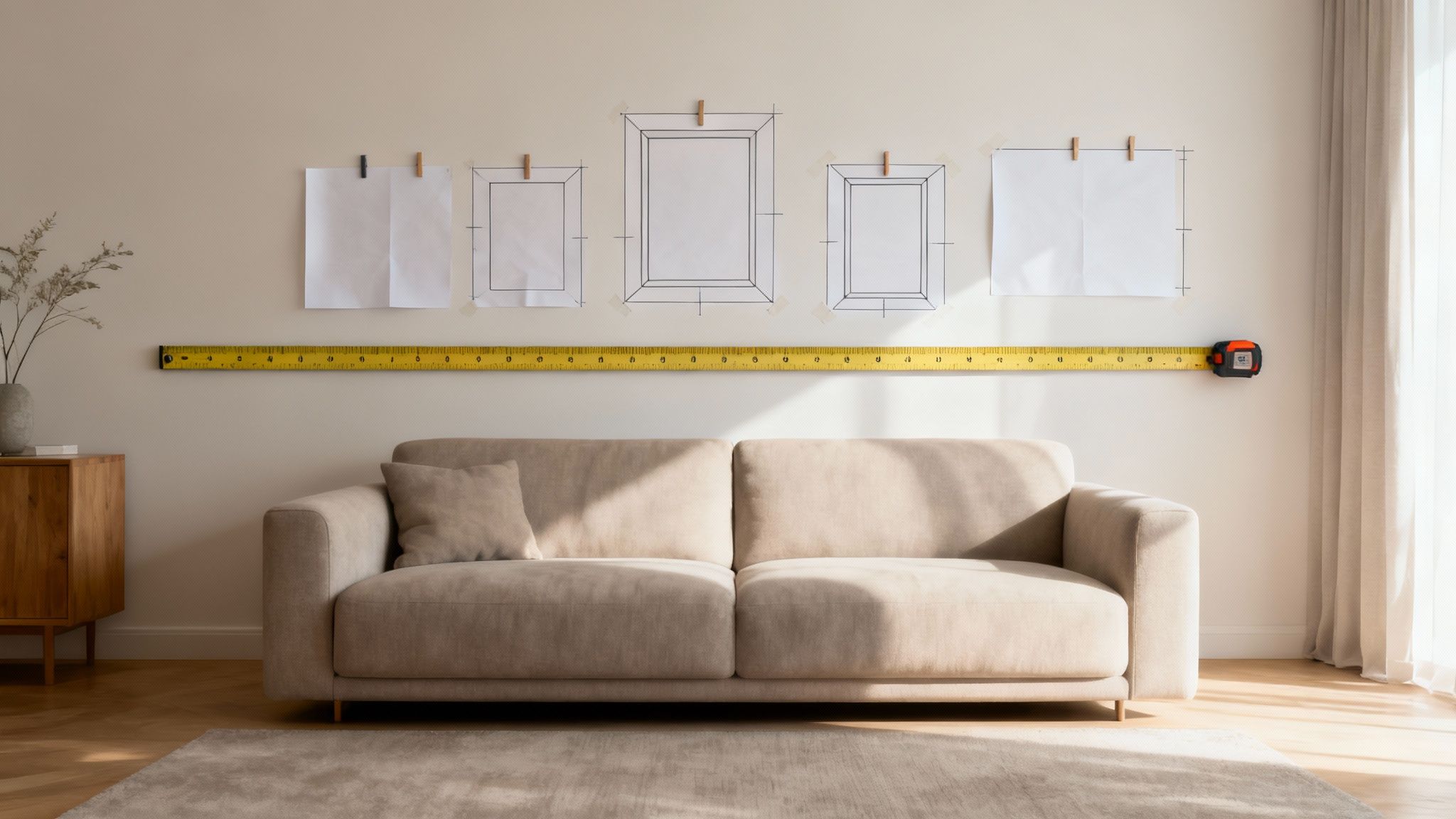 Person hanging framed art on a white wall above a wooden bench.