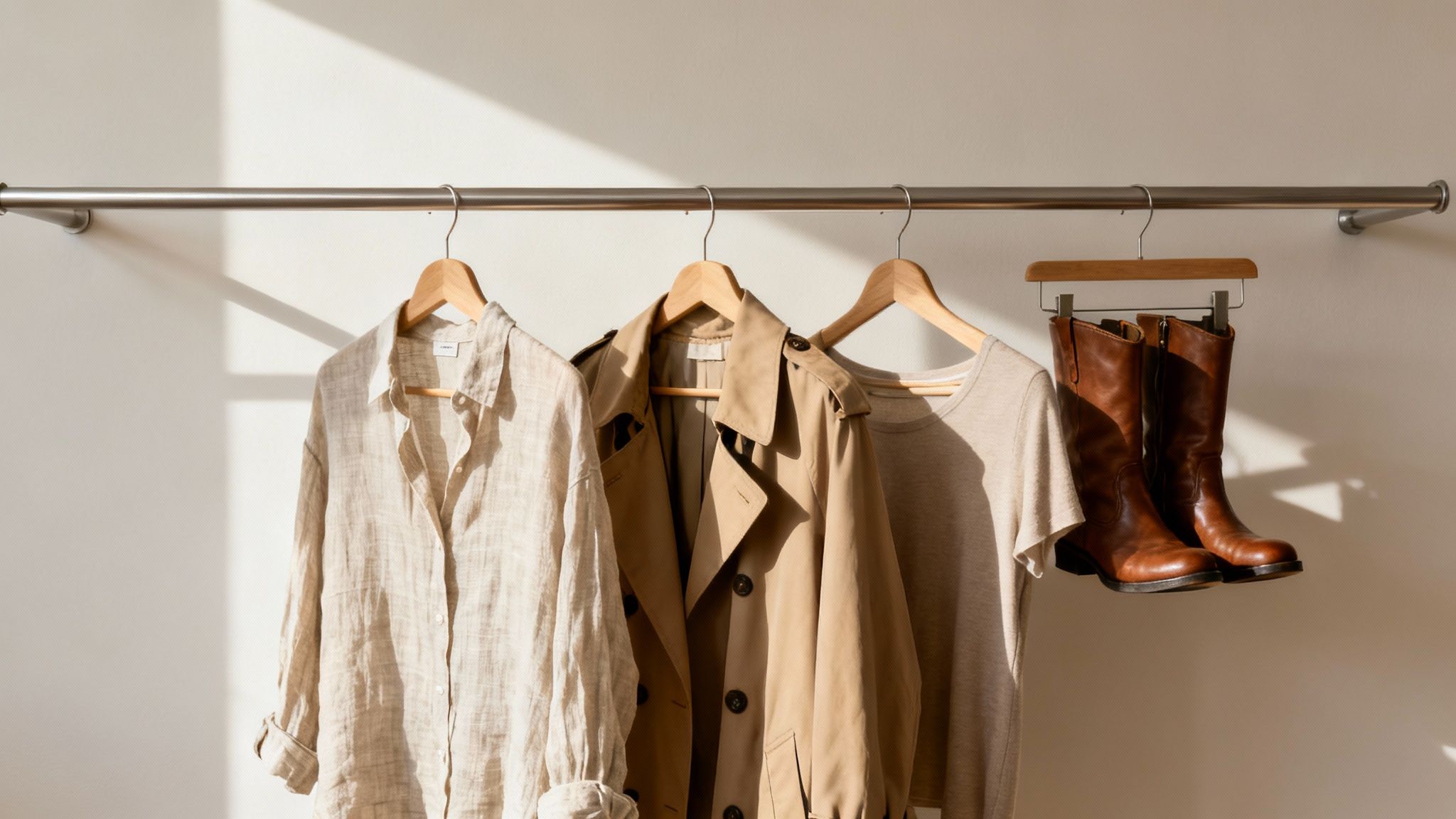 A neatly organised wardrobe with a small collection of versatile clothing items on display.