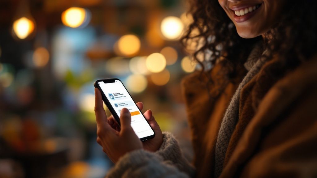 A person's hand holding a smartphone showing a personalized marketing message from an online store.
