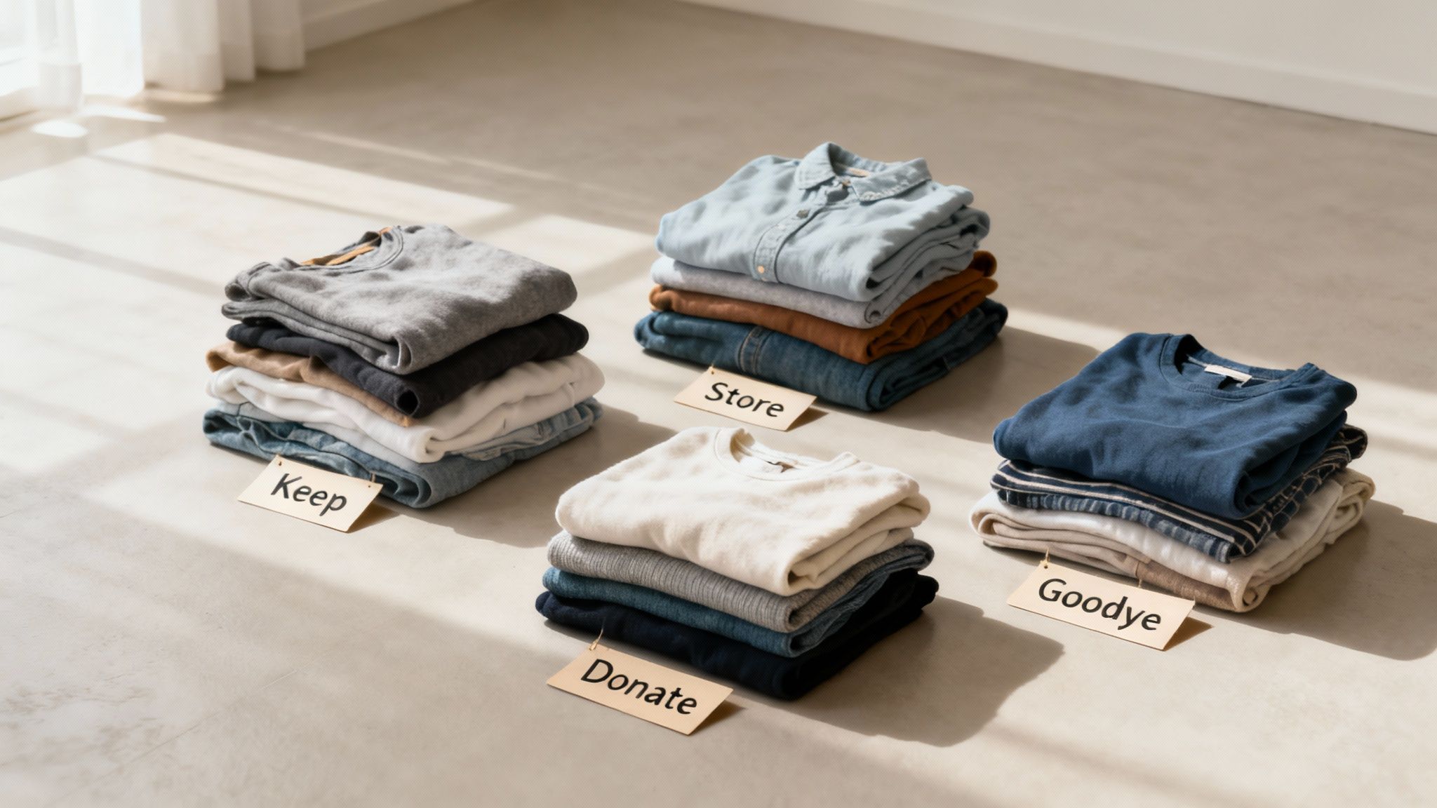 A woman sorting clothes on her bed into different piles.