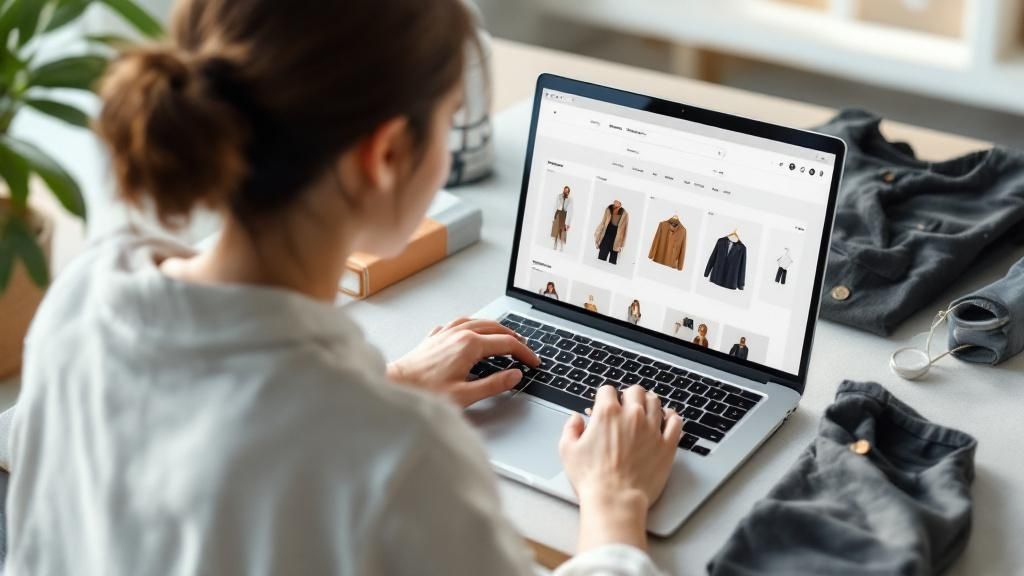 A woman happily holding shopping bags while browsing her phone for online deals.