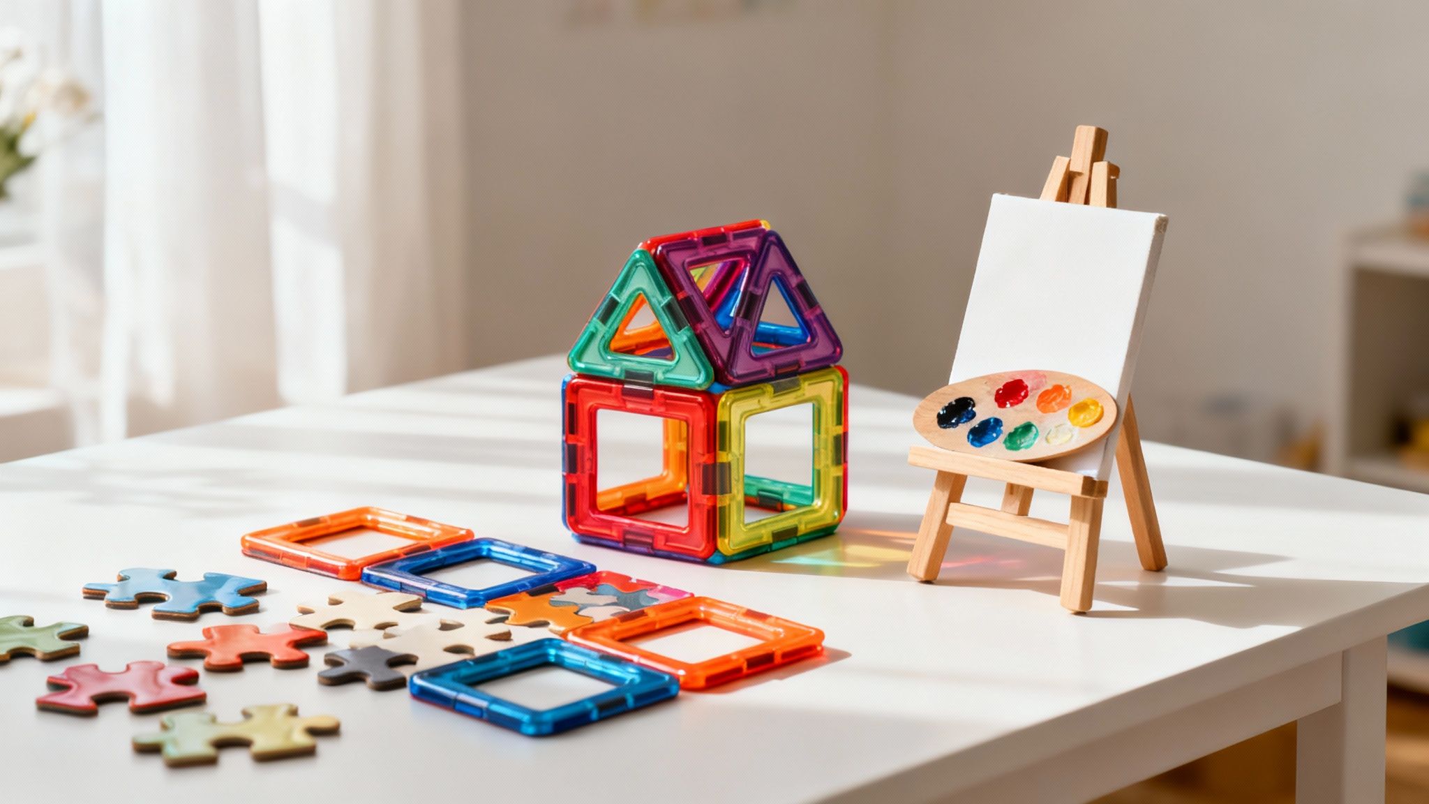 A young girl playing with colourful magnetic tiles, building a tower on a wooden table.