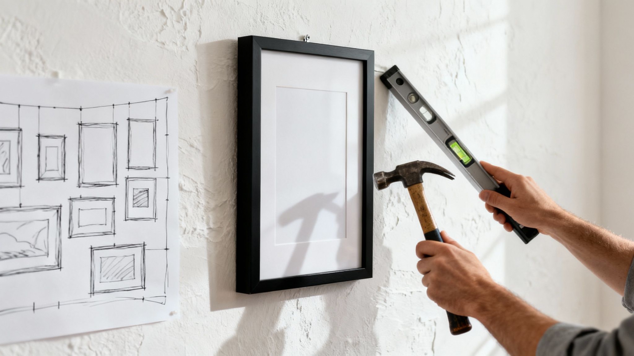 A collection of framed art pieces arranged in a gallery wall style.