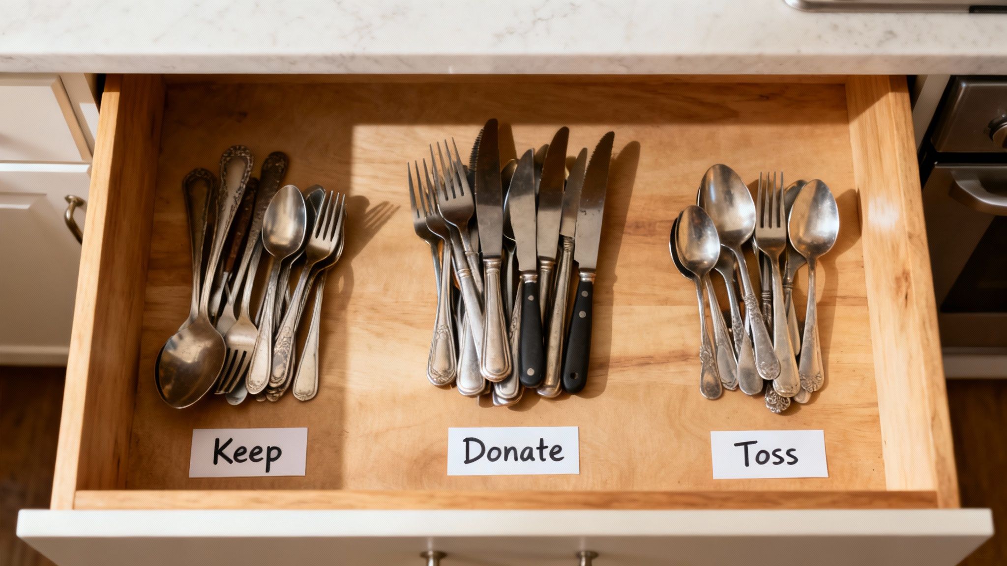 A neatly organised kitchen drawer with wooden dividers and various utensils.