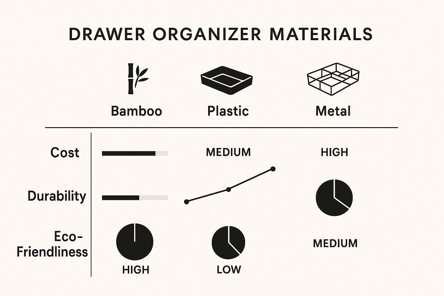 Infographic comparing drawer organiser materials Bamboo, Plastic, and Metal across Cost, Durability, and Eco-Friendliness.