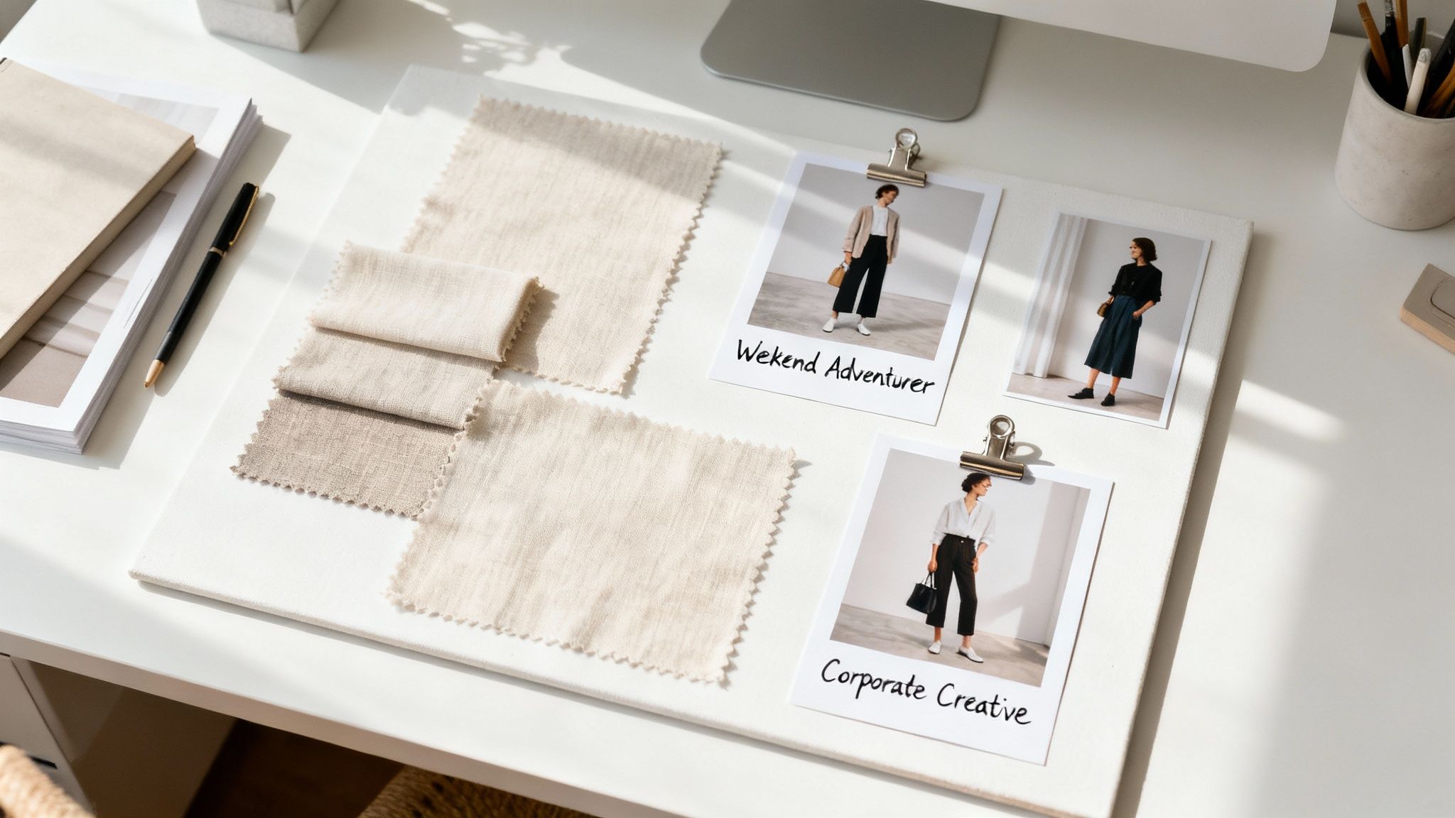 A woman thoughtfully looking at a mood board with fabric swatches and fashion photos.