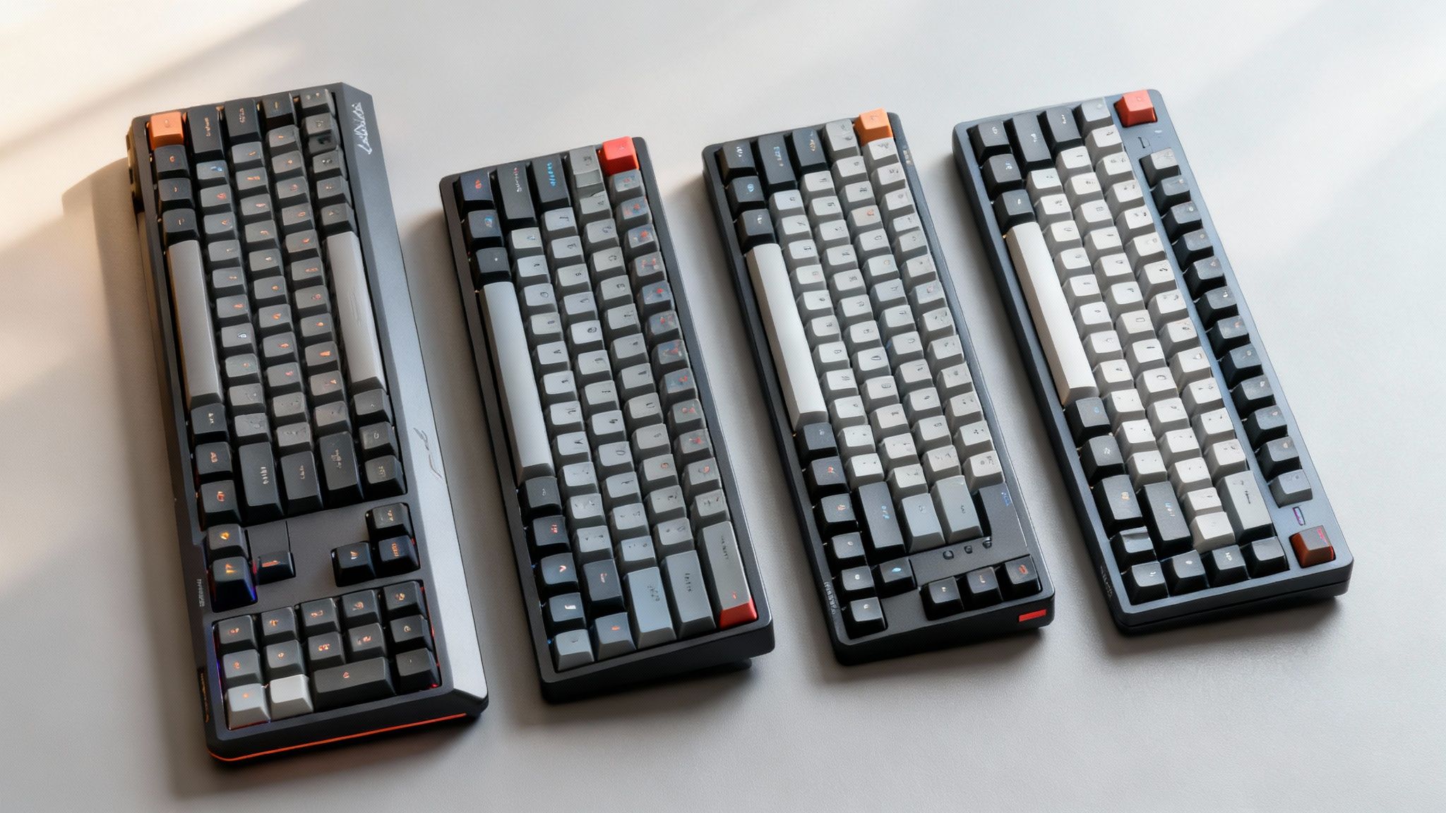 A side-by-side view of several different gaming mechanical keyboards, showcasing various sizes and RGB lighting patterns.