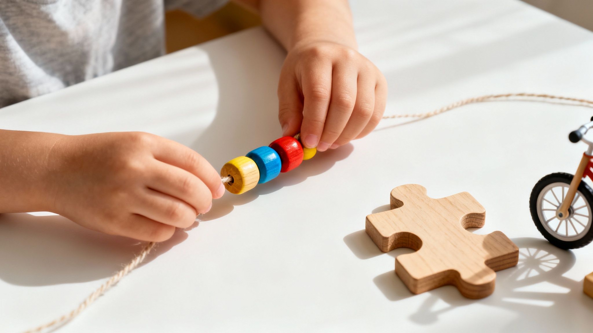 A child playing with colourful building blocks on the floor